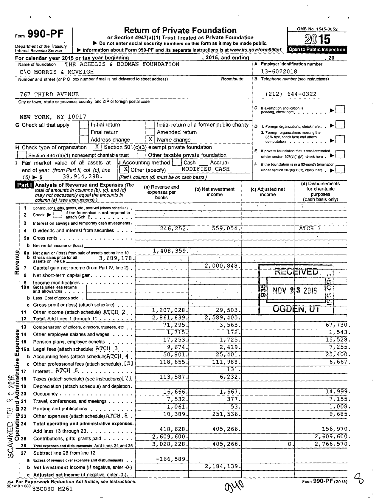 Image of first page of 2015 Form 990PF for Achelis and Bodman Foundation