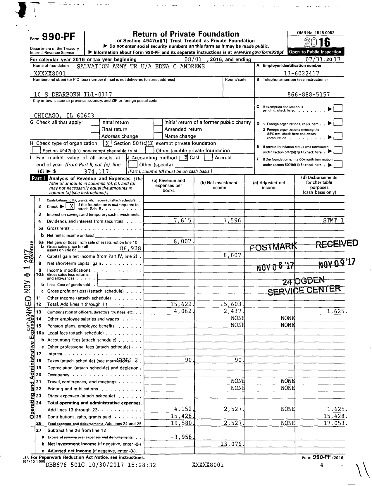 Image of first page of 2016 Form 990PF for Salvation Army TR Edna C Andrews