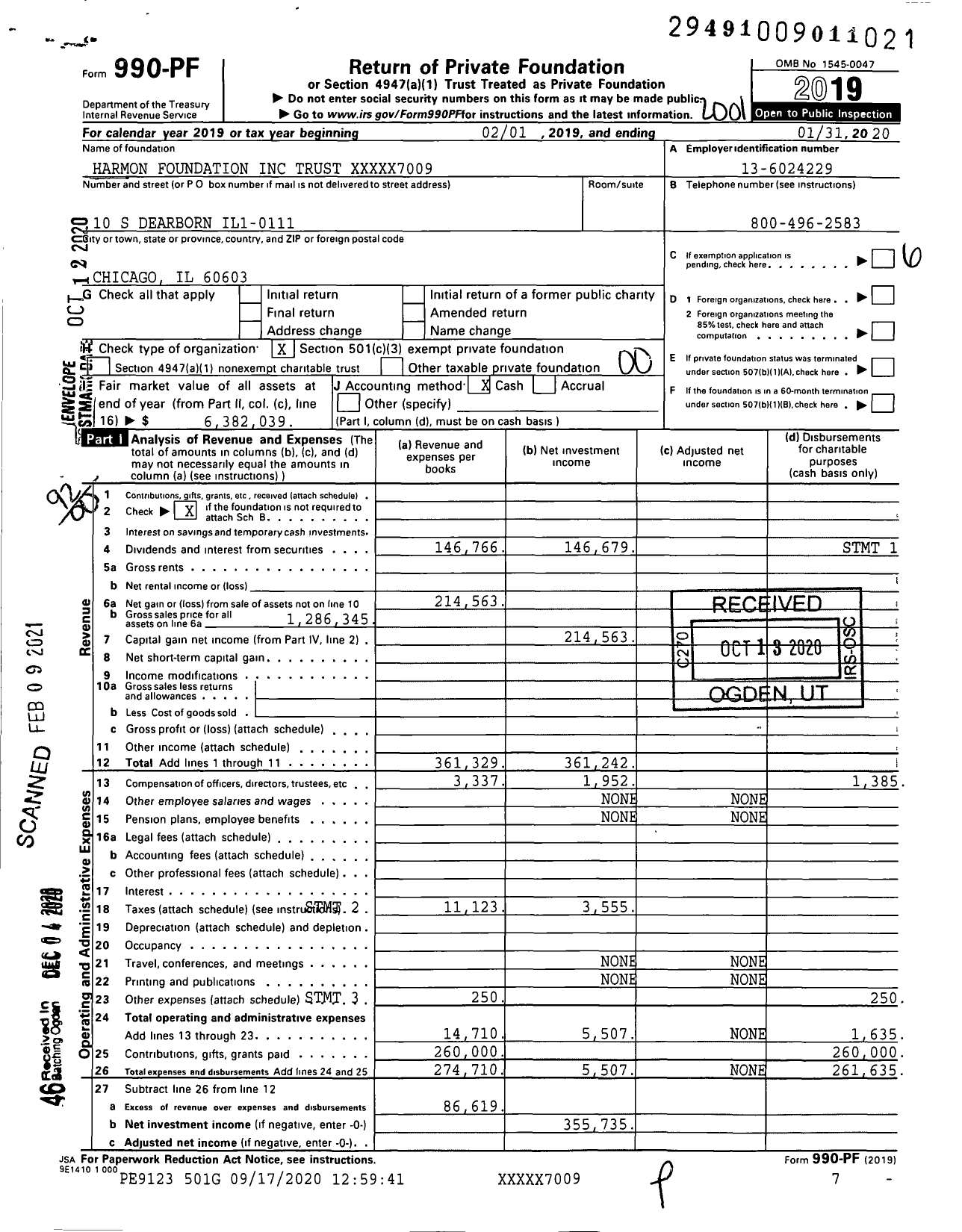 Image of first page of 2019 Form 990PF for Harmon Foundation