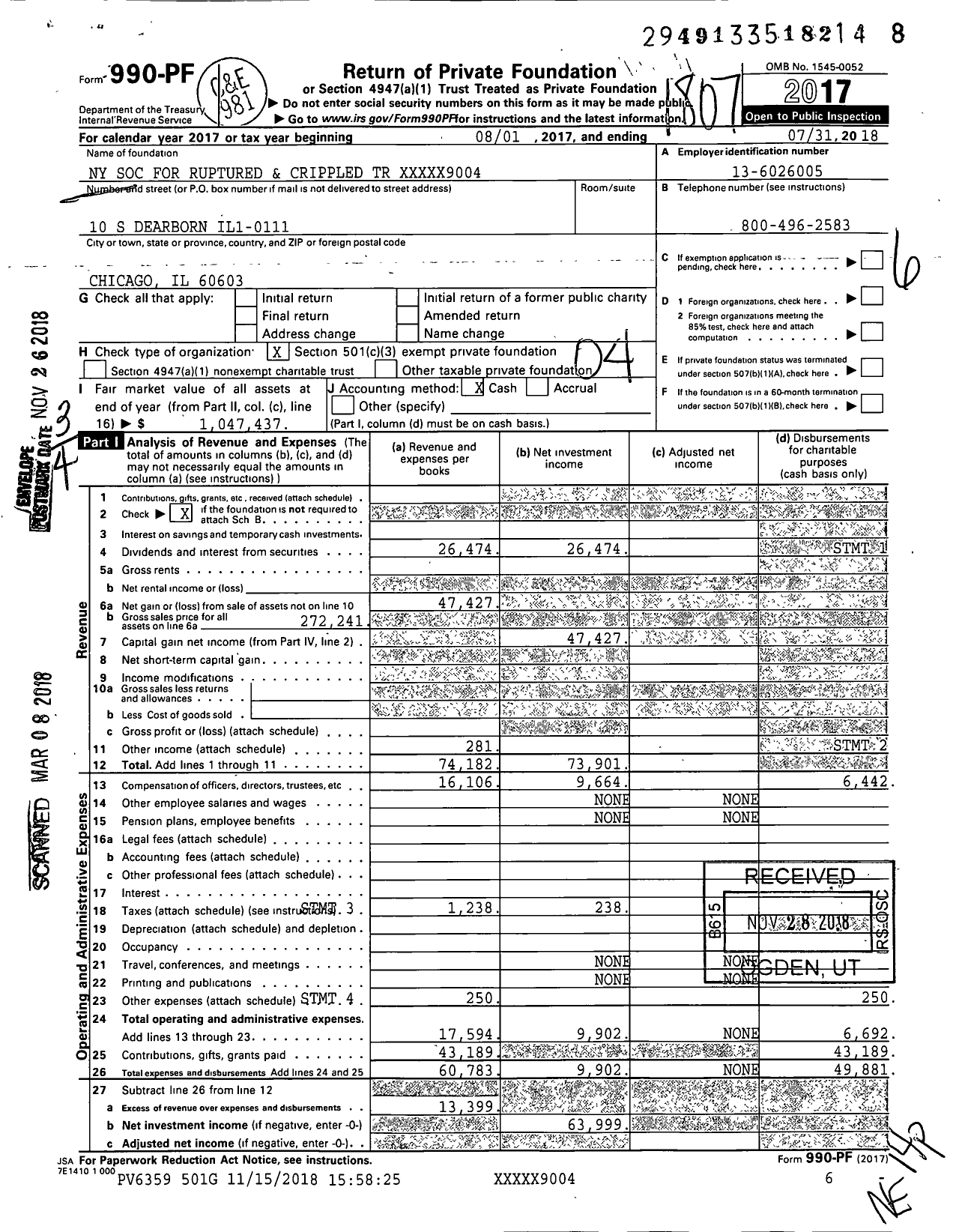 Image of first page of 2017 Form 990PF for Ny Soc for Ruptured and Crippled Trust 22432