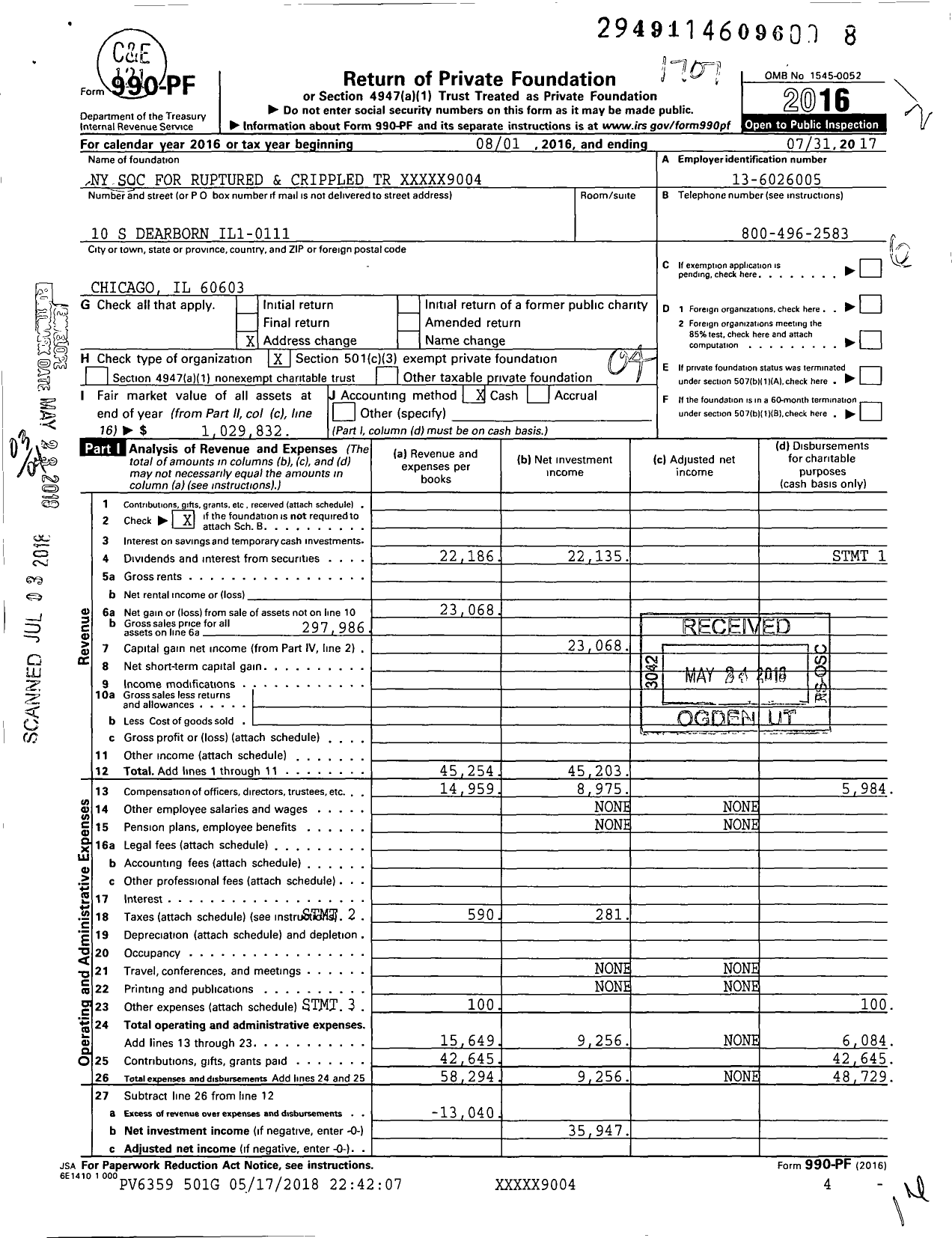 Image of first page of 2016 Form 990PF for Ny Soc for Ruptured and Crippled Trust 22432