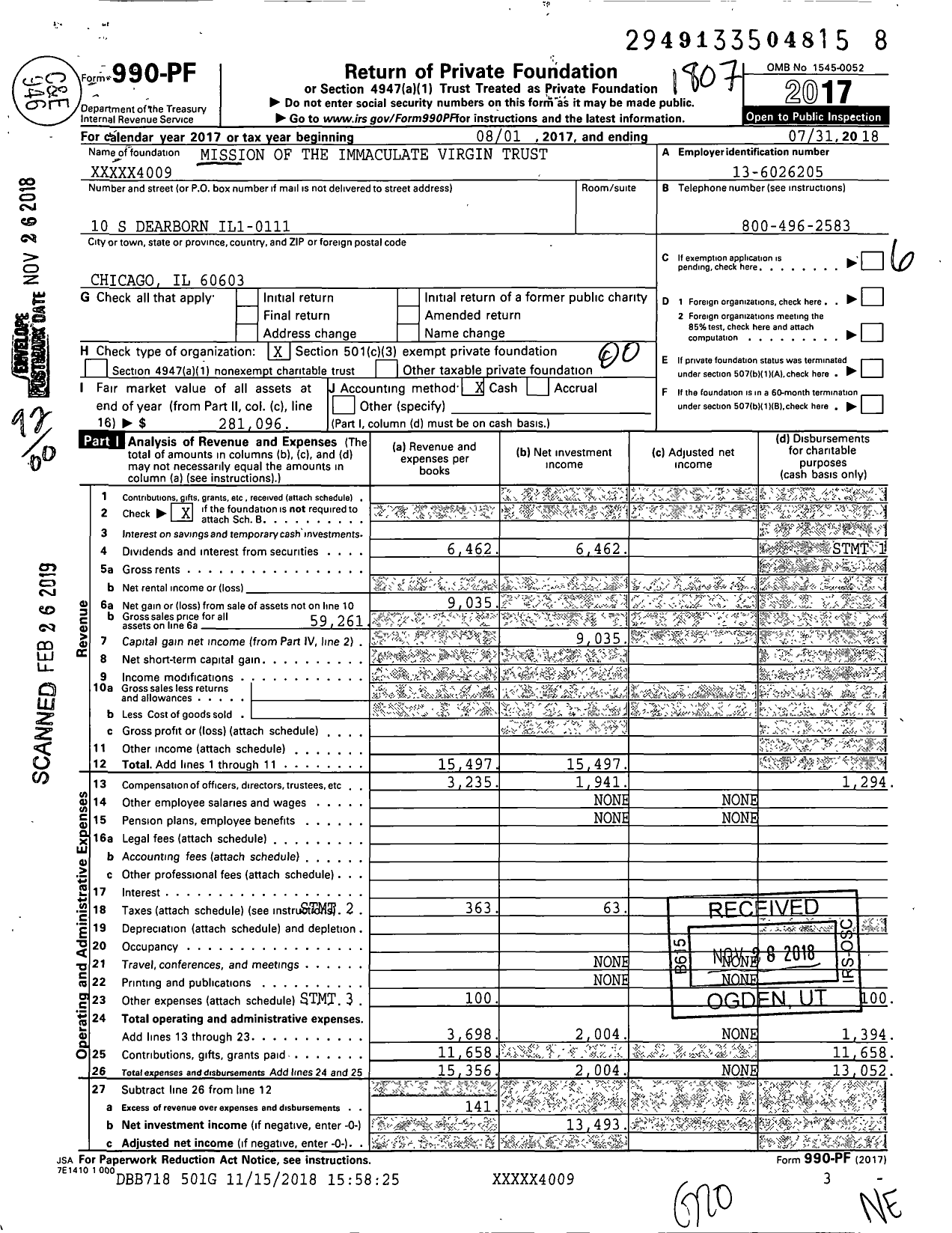 Image of first page of 2017 Form 990PF for Mission of the Immaculate Virgin Trust