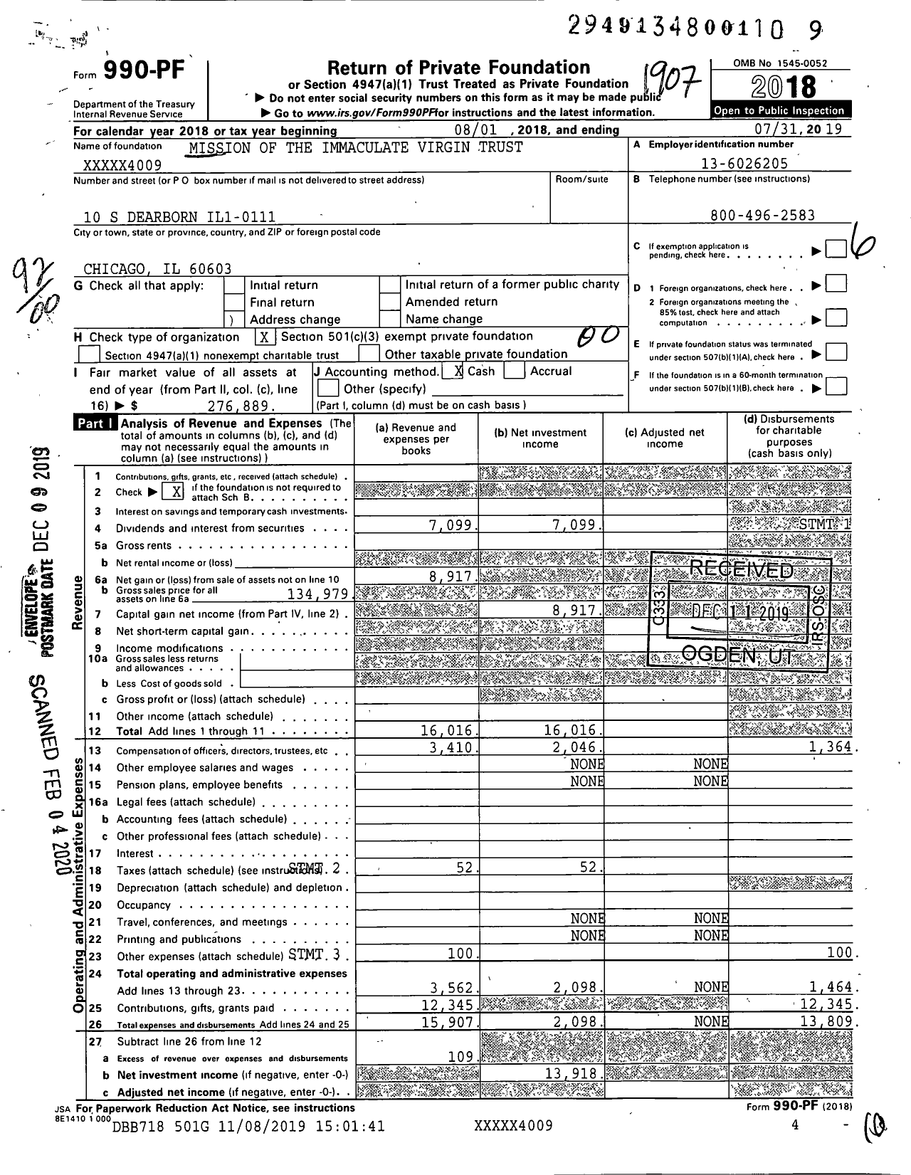 Image of first page of 2018 Form 990PF for Mission of the Immaculate Virgin Trust