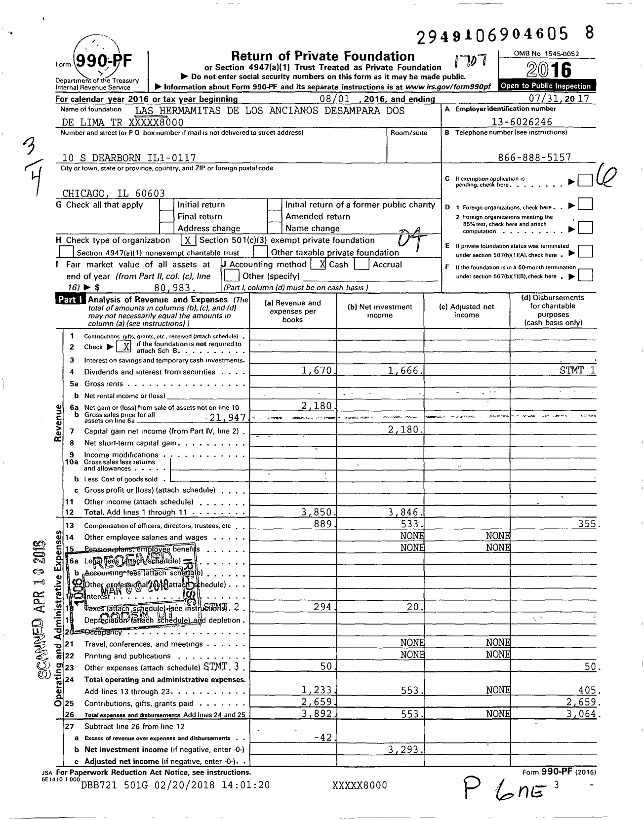 Image of first page of 2016 Form 990PF for Las Hermanitas de Los Ancianos Desampara Dos