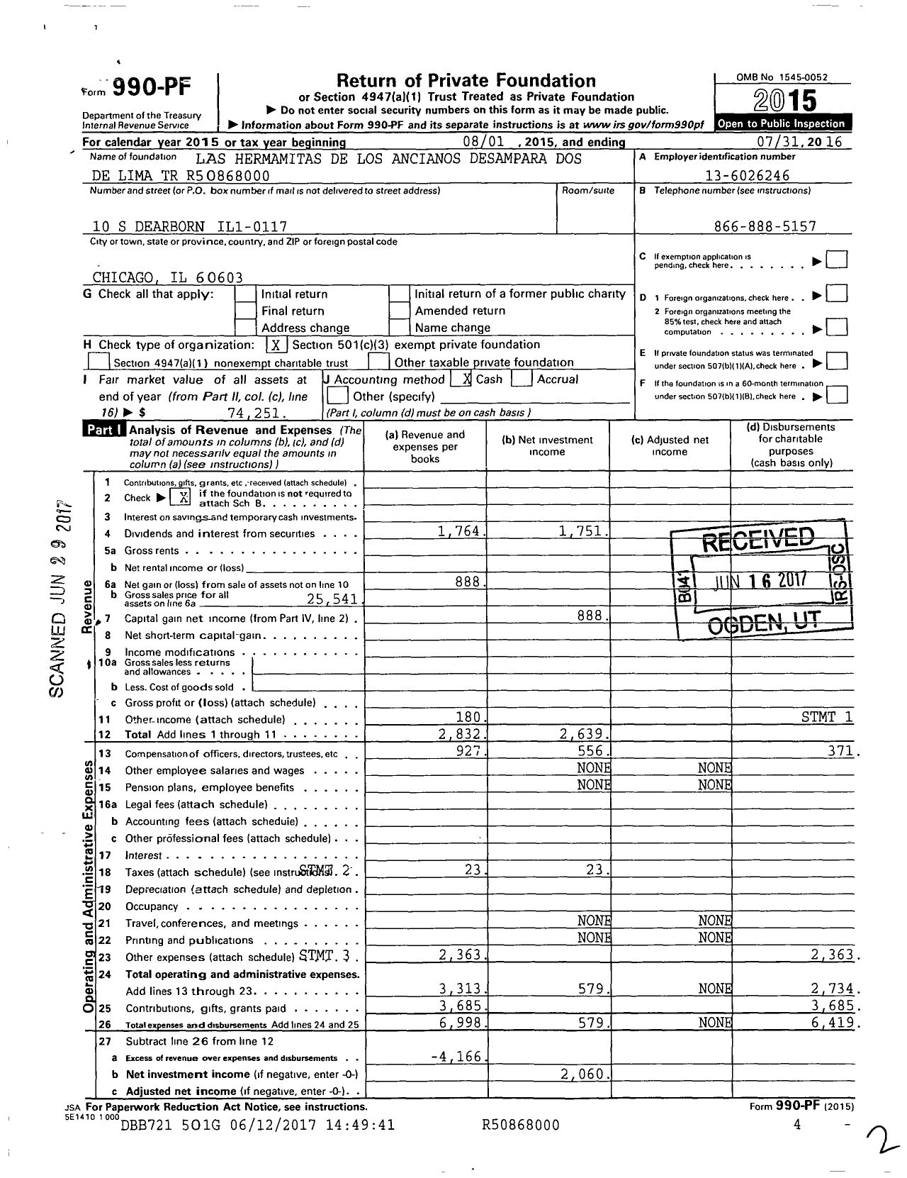 Image of first page of 2015 Form 990PF for Las Hermanitas de Los Ancianos Desampara Dos