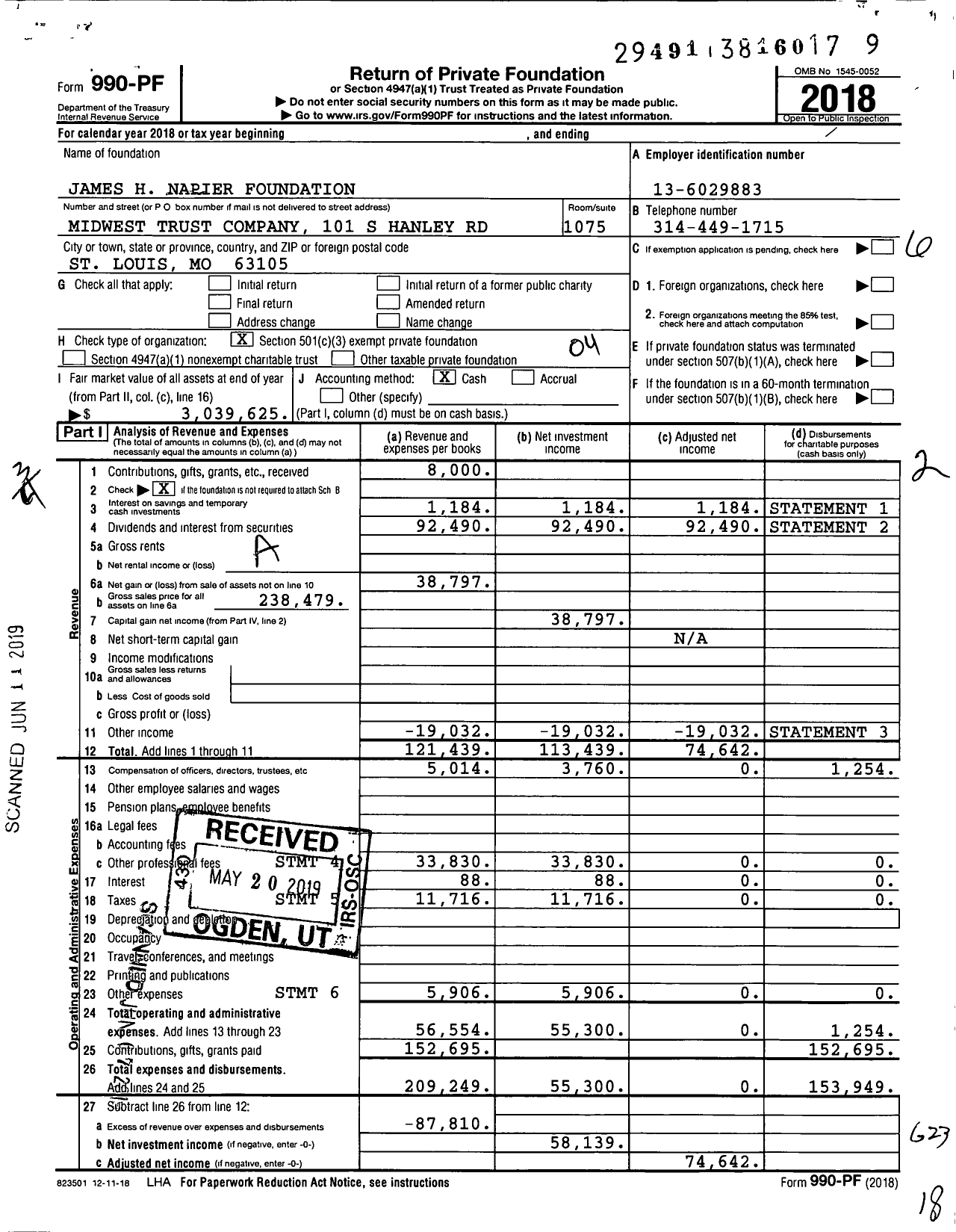 Image of first page of 2018 Form 990PF for The James H Napier Foundation