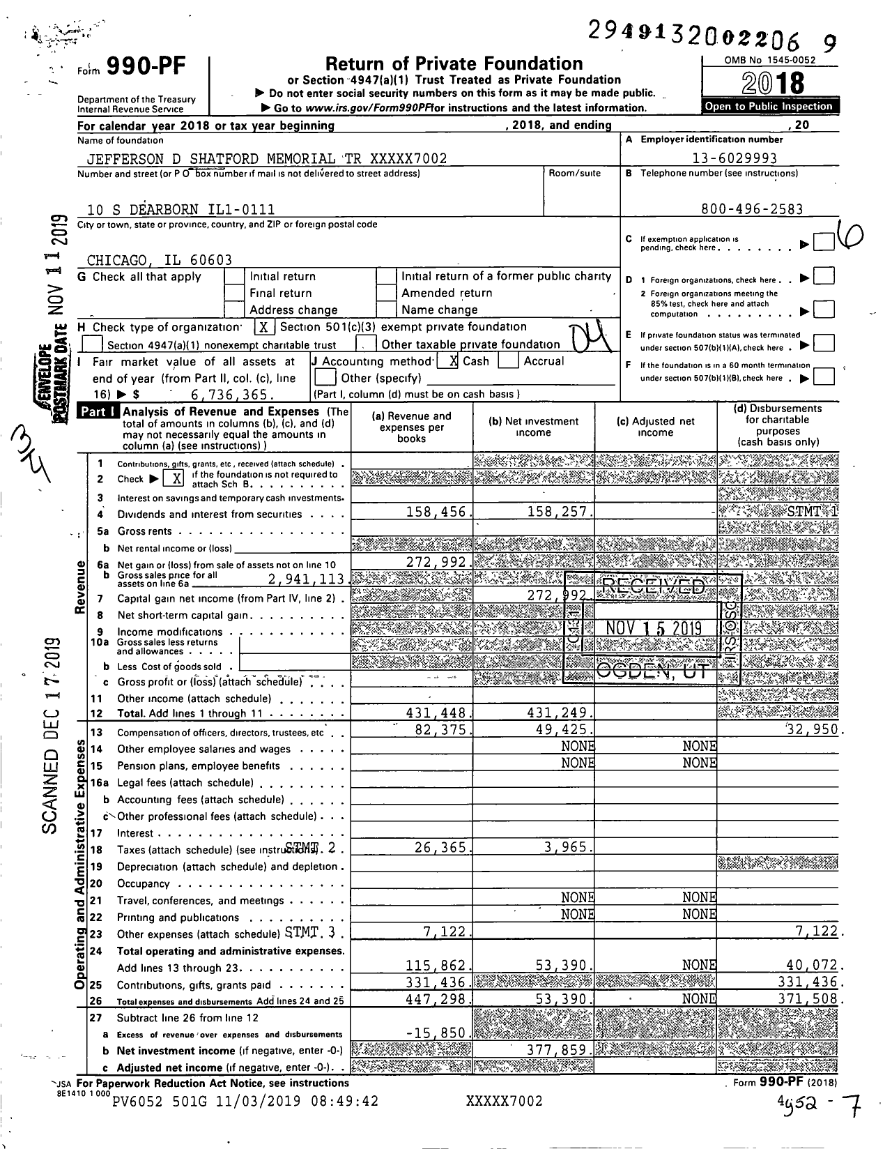 Image of first page of 2018 Form 990PF for Jefferson D Shatford Memorial TR XXXXX7002