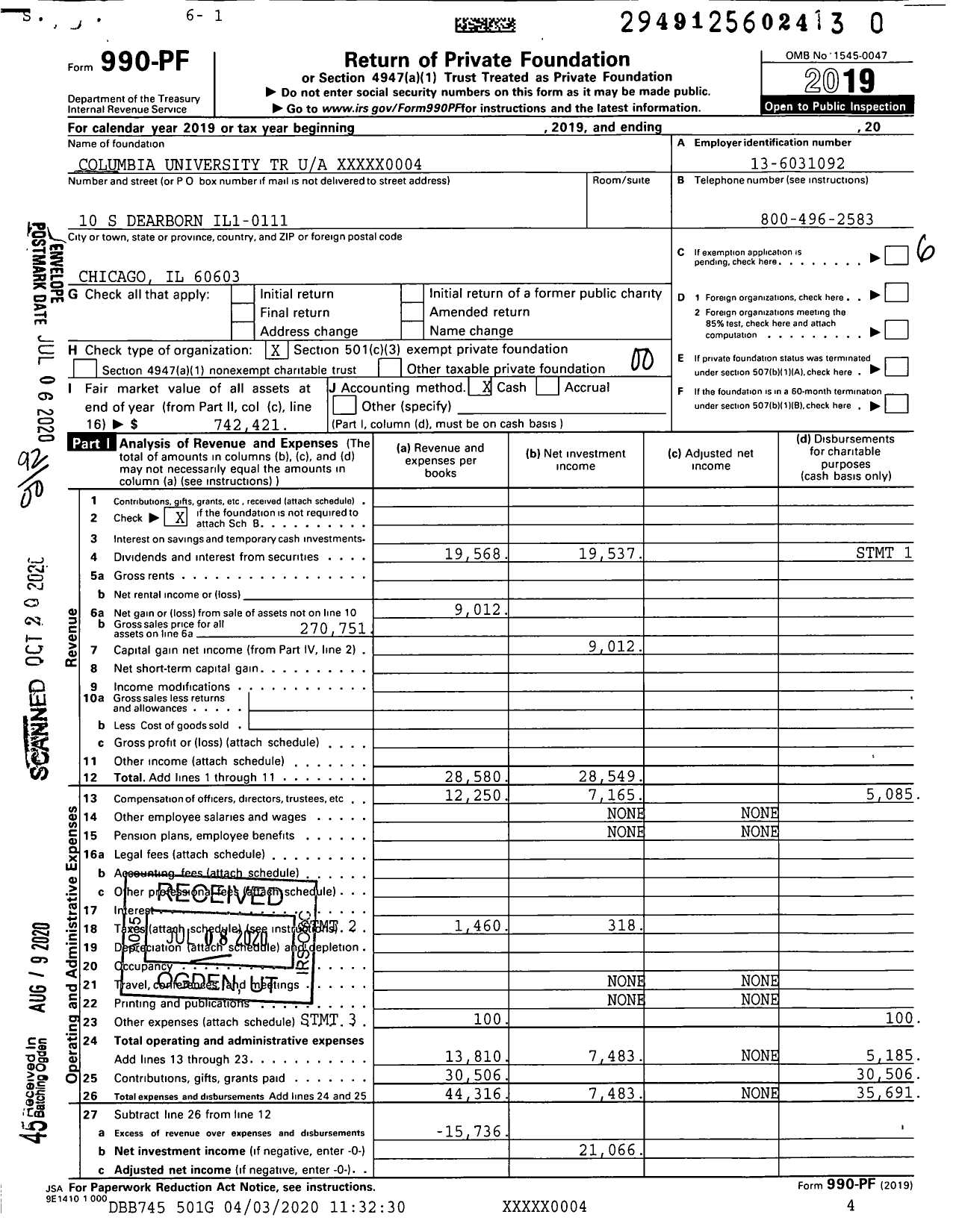 Image of first page of 2019 Form 990PR for Columbia University TR XXXXX0004