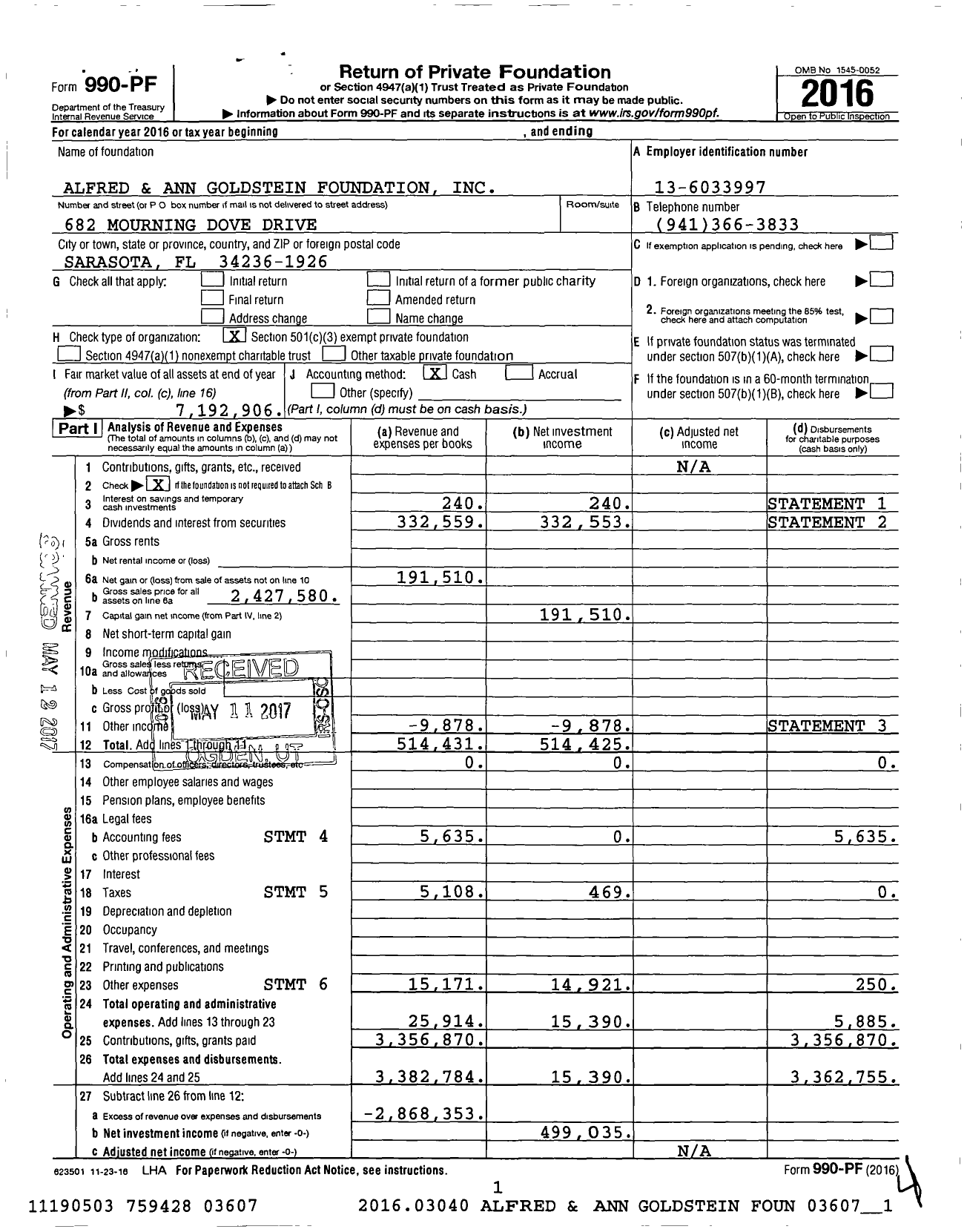 Image of first page of 2016 Form 990PF for Alfred and Ann Goldstein Foundation