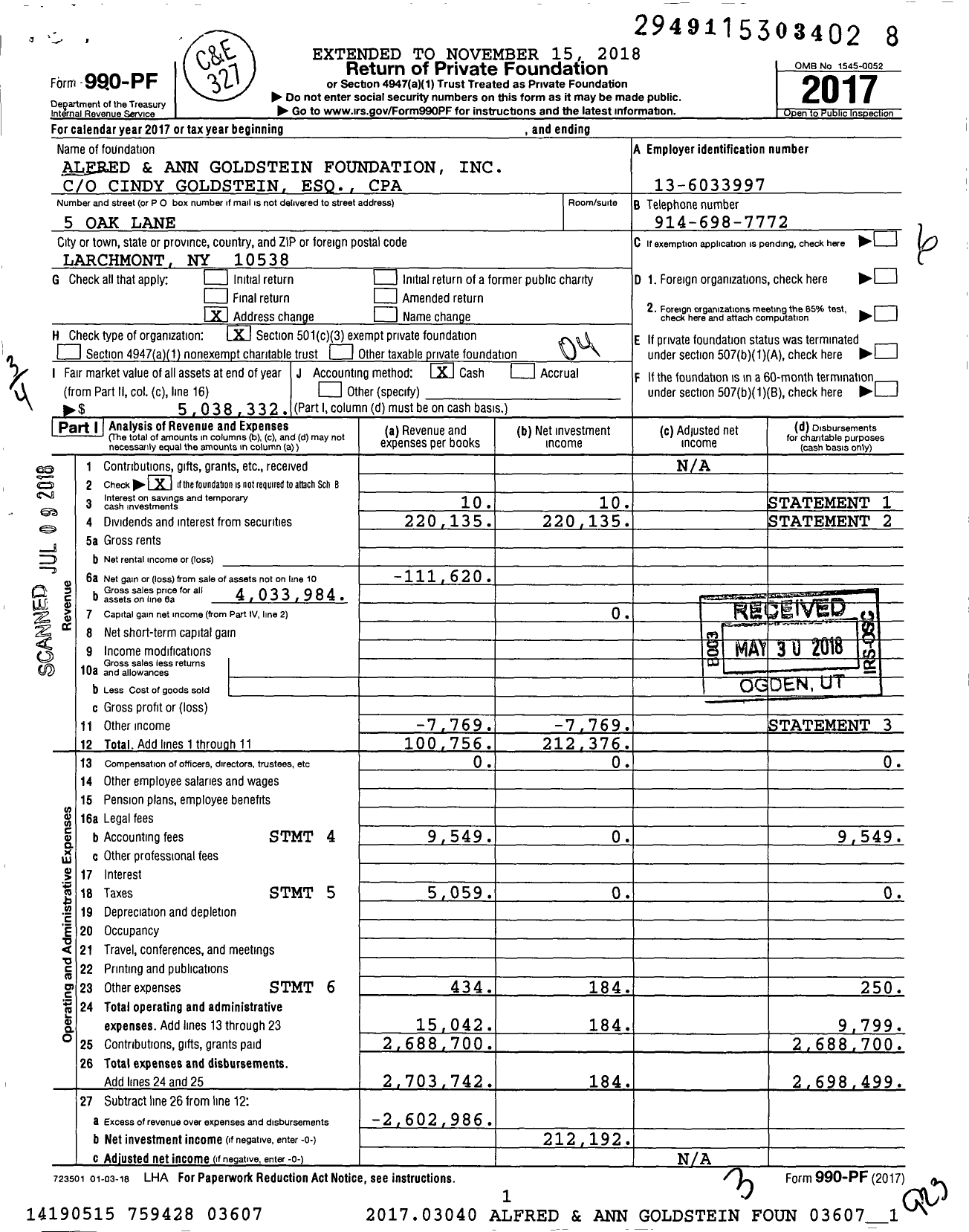 Image of first page of 2017 Form 990PF for Alfred and Ann Goldstein Foundation