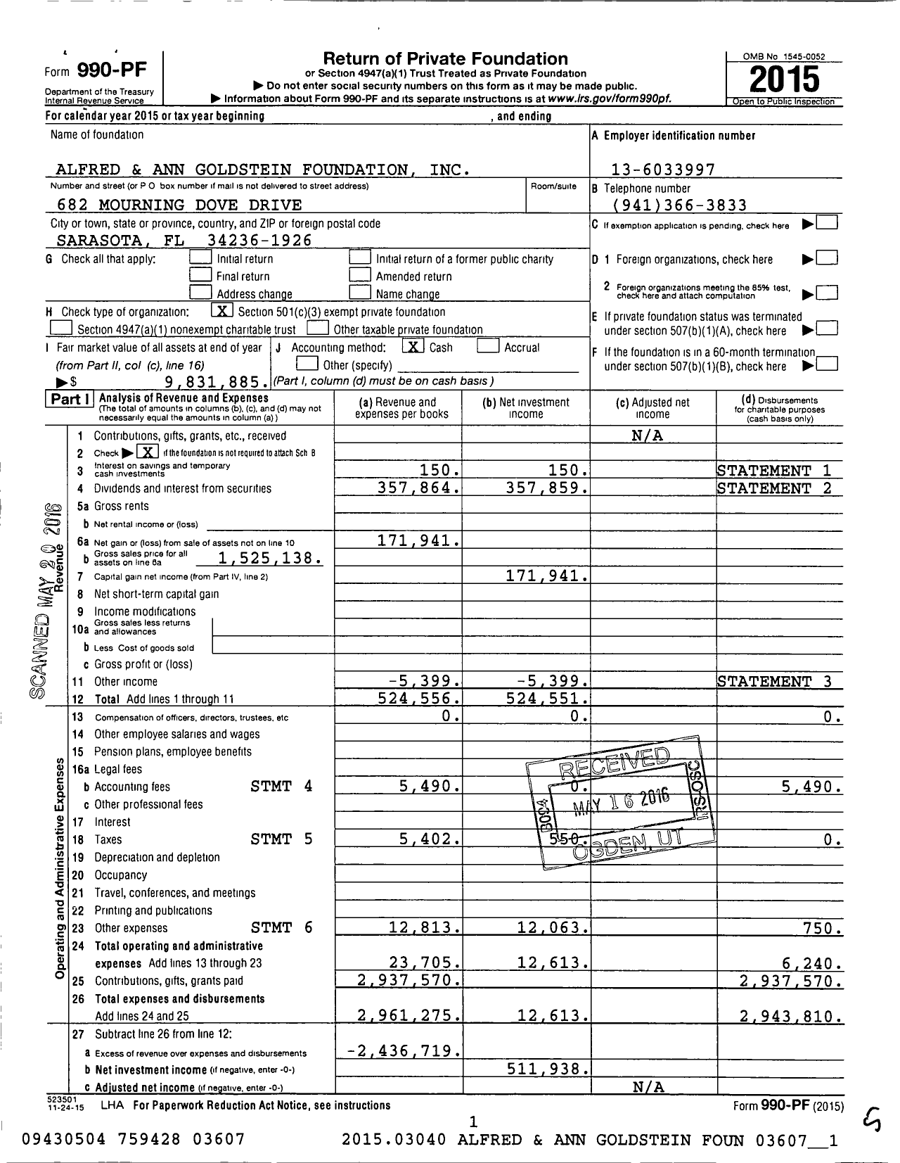 Image of first page of 2015 Form 990PF for Alfred and Ann Goldstein Foundation