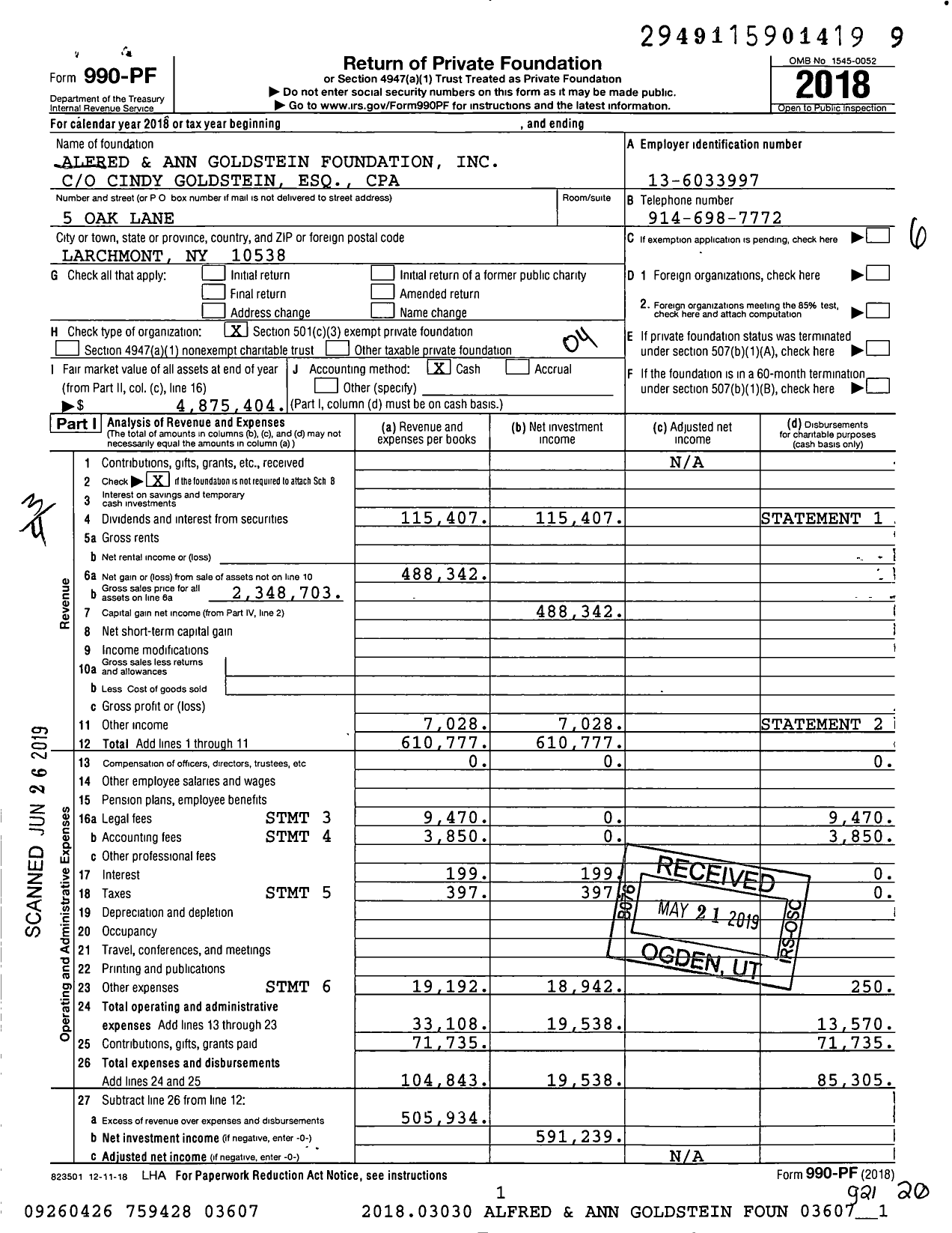 Image of first page of 2018 Form 990PF for Alfred and Ann Goldstein Foundation