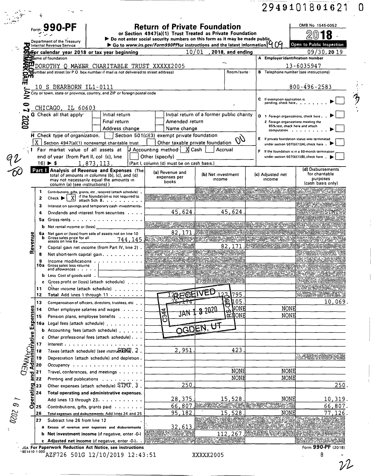 Image of first page of 2018 Form 990PR for Dorothy Q Mayer Charitable Trust XXXXX2005