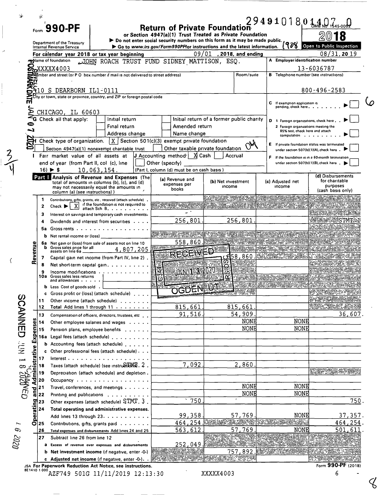 Image of first page of 2018 Form 990PR for John Roach Trust Fund XXXXX4003