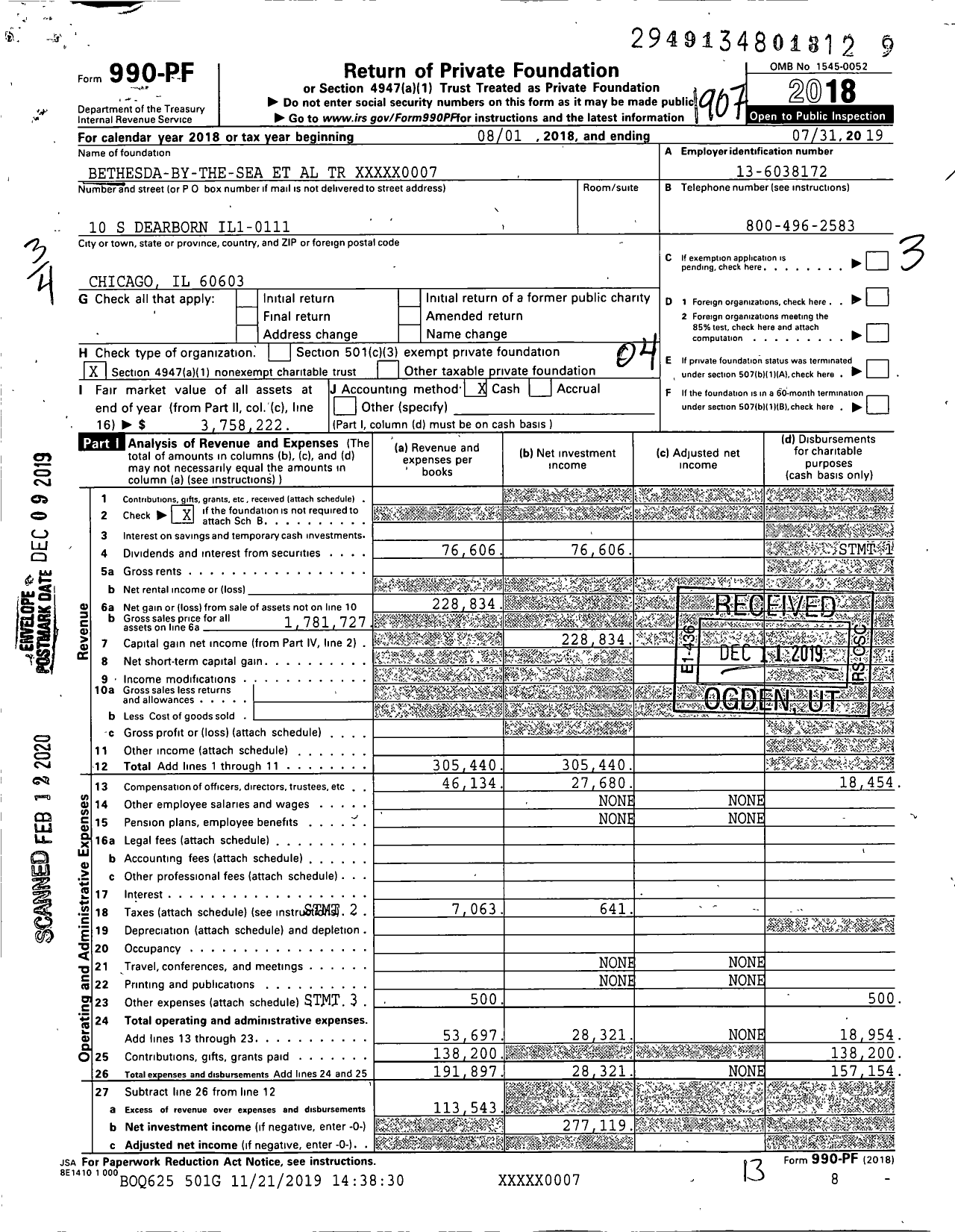 Image of first page of 2018 Form 990PF for Bethesda-By-The-Sea Et Al TR XXXXX0007