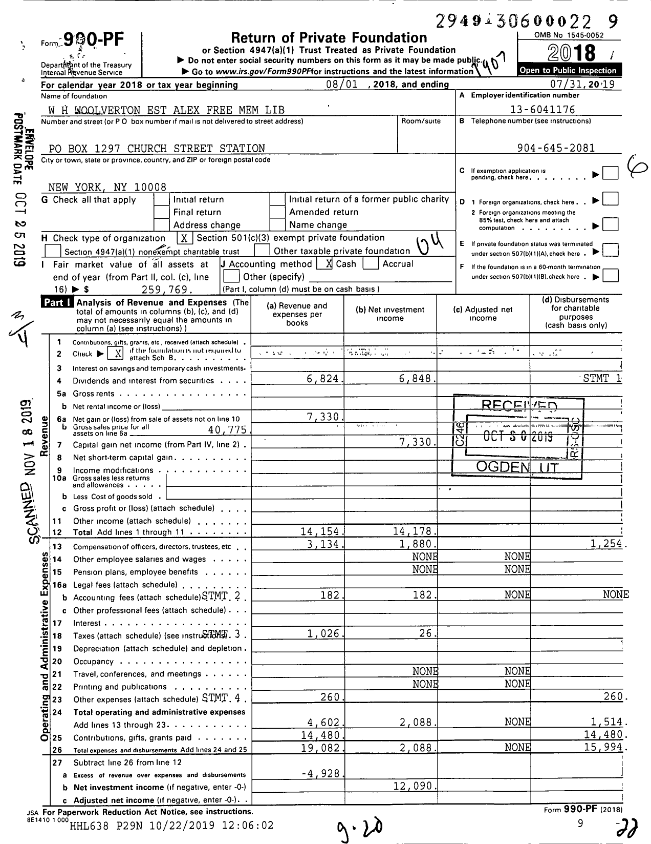 Image of first page of 2018 Form 990PF for W H Woolverton Est Alex Free Mem Lib Trust