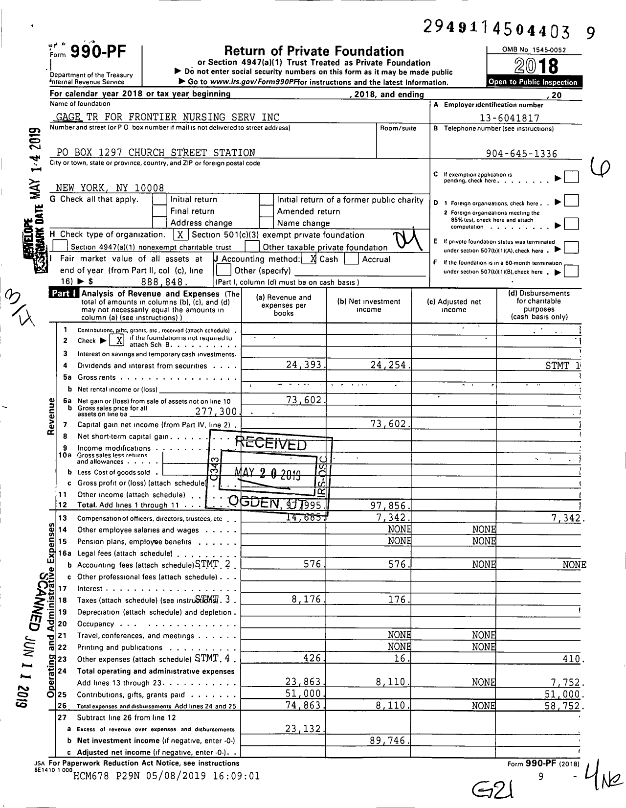 Image of first page of 2018 Form 990PF for Gage TR for Frontier Nursing Serv