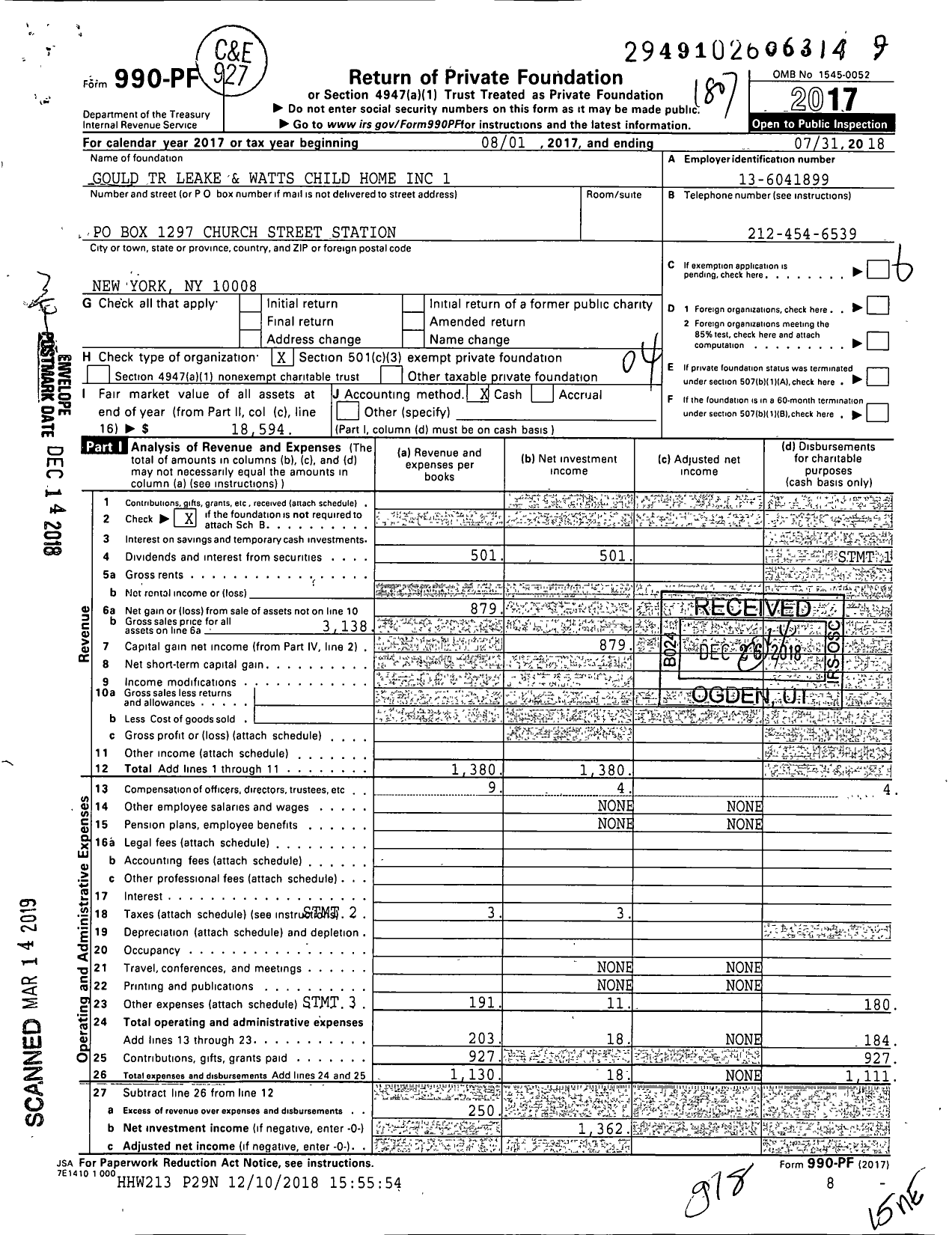 Image of first page of 2017 Form 990PF for Gould TR Leake and Watts Child Home 1