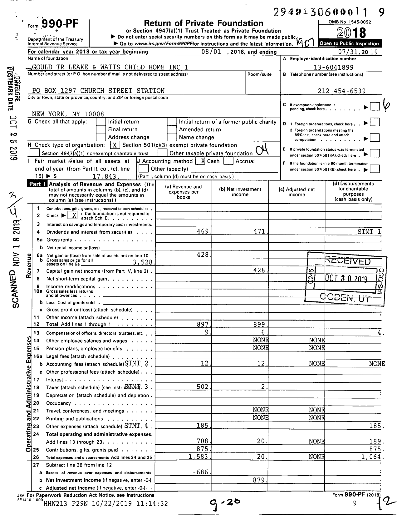 Image of first page of 2018 Form 990PF for Gould TR Leake and Watts Child Home 1