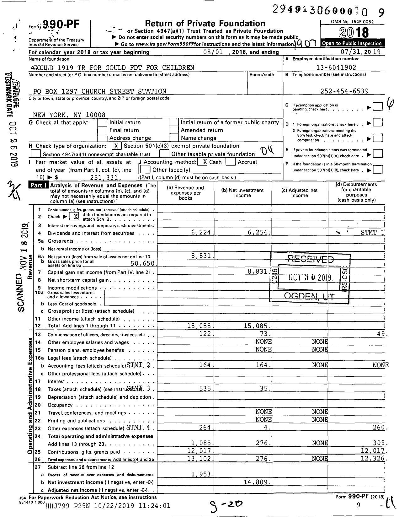 Image of first page of 2018 Form 990PF for Gould 1919 TR for Gould FDT for Children