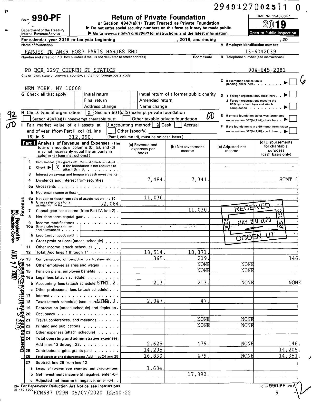 Image of first page of 2019 Form 990PF for Harjes TR Amer Hospital Paris Harjes End