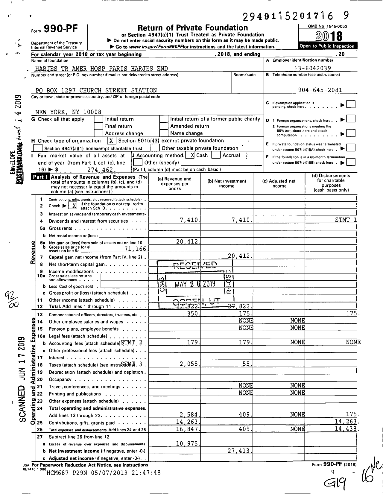 Image of first page of 2018 Form 990PF for Harjes TR Amer Hospital Paris Harjes End