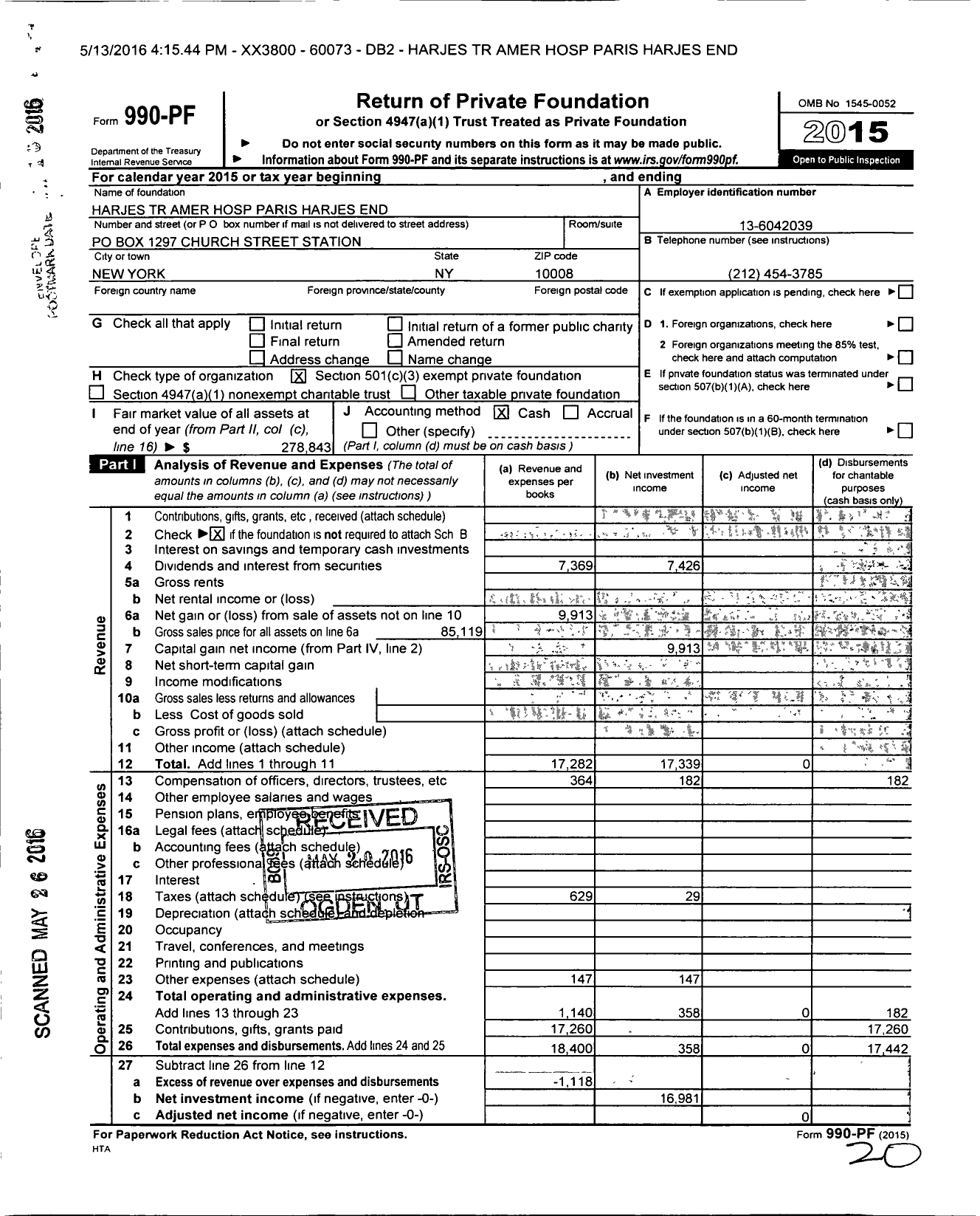 Image of first page of 2015 Form 990PF for Harjes TR Amer Hospital Paris Harjes End