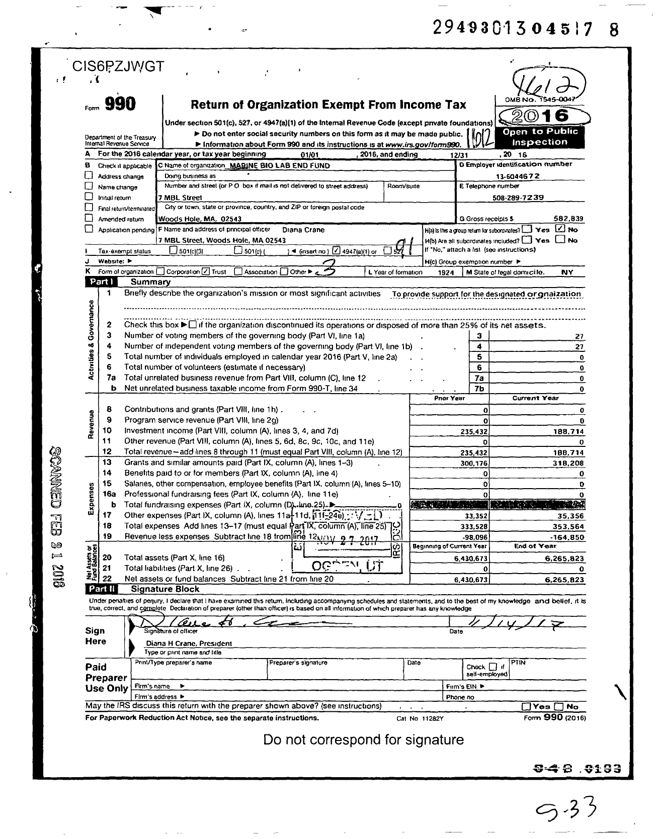 Image of first page of 2016 Form 990O for Marine Bio Lab End Fund
