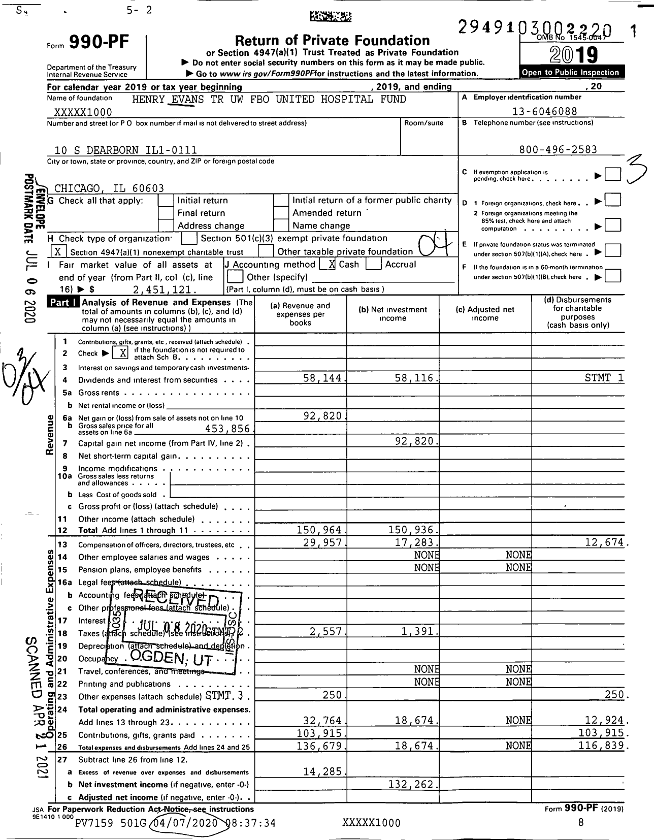 Image of first page of 2019 Form 990PF for Henry Evans TR Uw Fbo United Hospital Fund