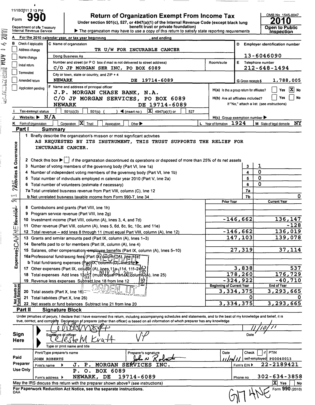 Image of first page of 2010 Form 990O for TR Uw for Incurable Cancer XXXXX 2008