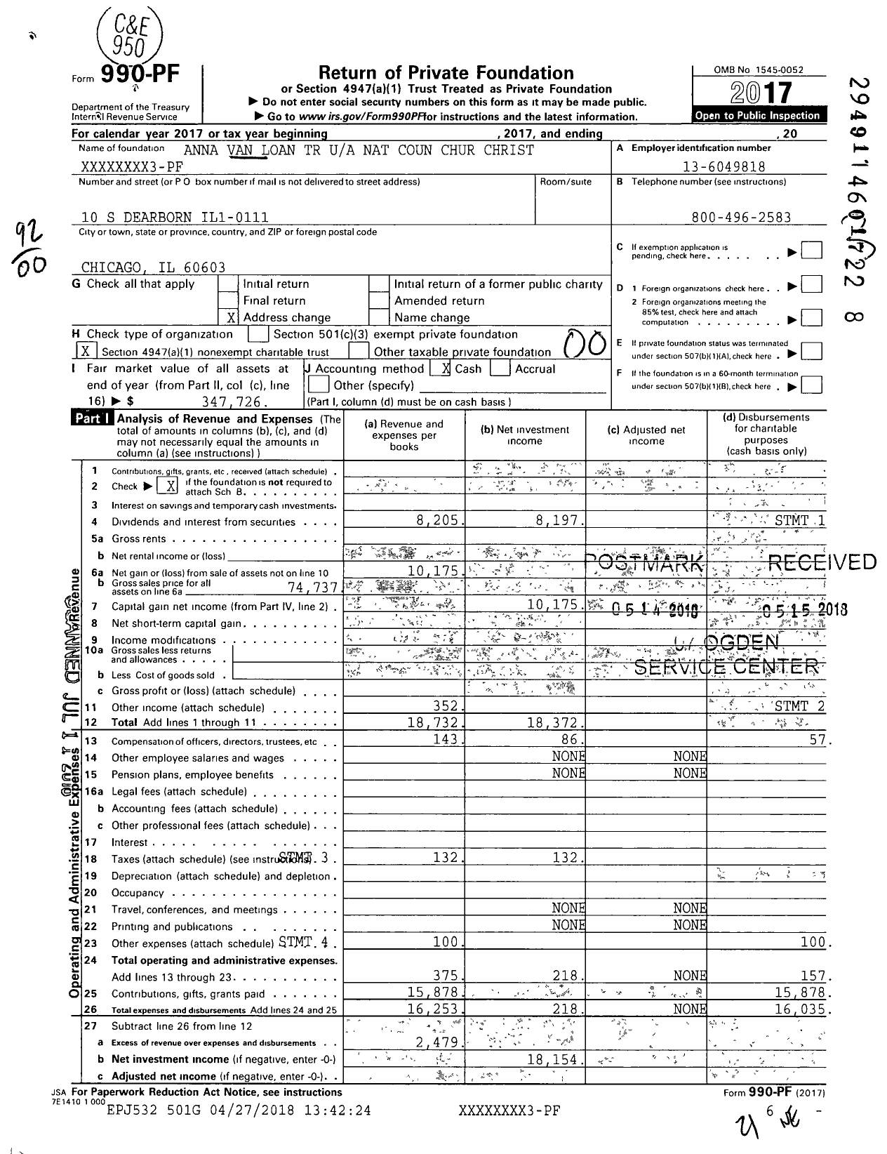 Image of first page of 2017 Form 990PF for Anna Van Loan TR Nat Coun Chur Christ