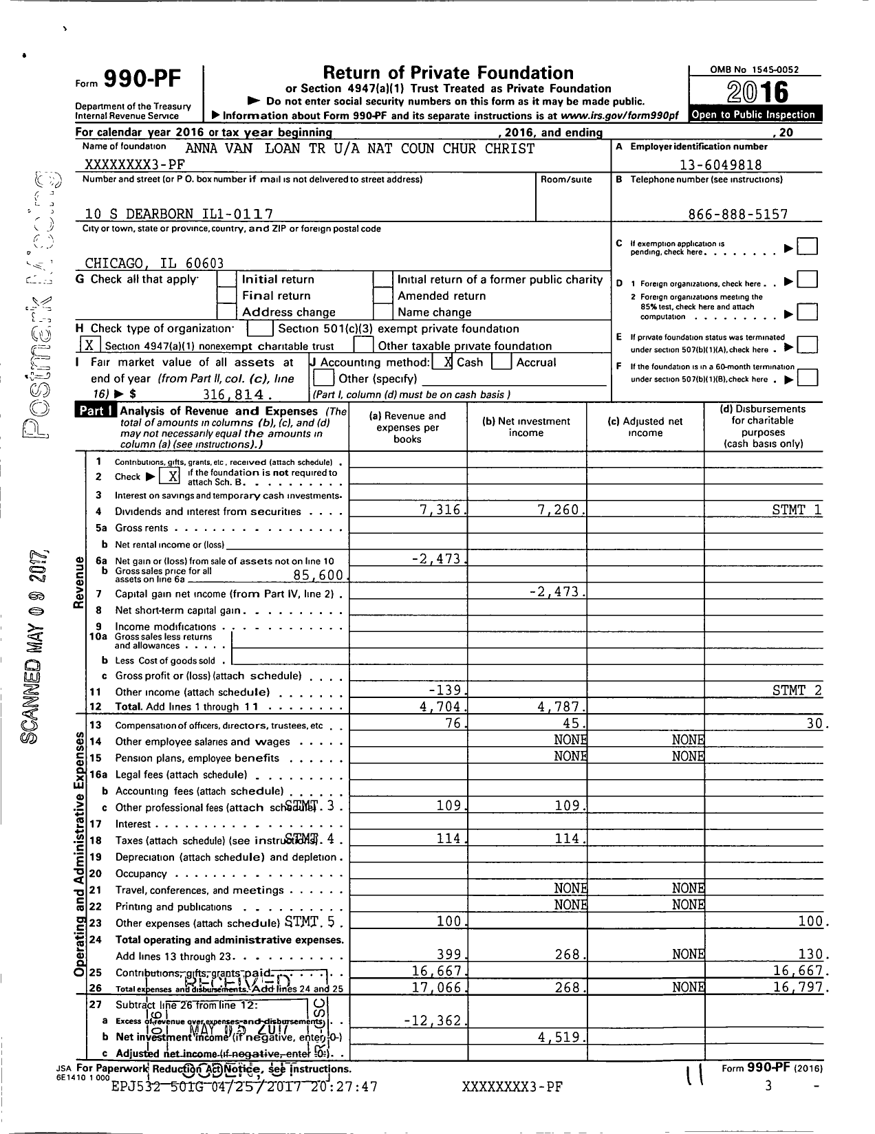 Image of first page of 2016 Form 990PF for Anna Van Loan TR Nat Coun Chur Christ