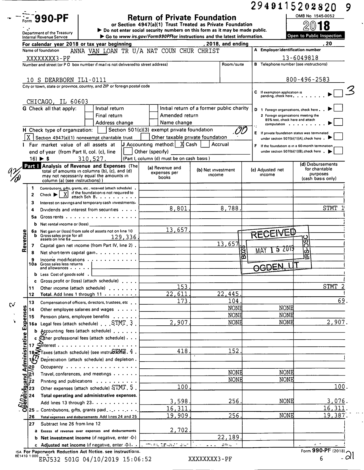 Image of first page of 2018 Form 990PF for Anna Van Loan TR Nat Coun Chur Christ