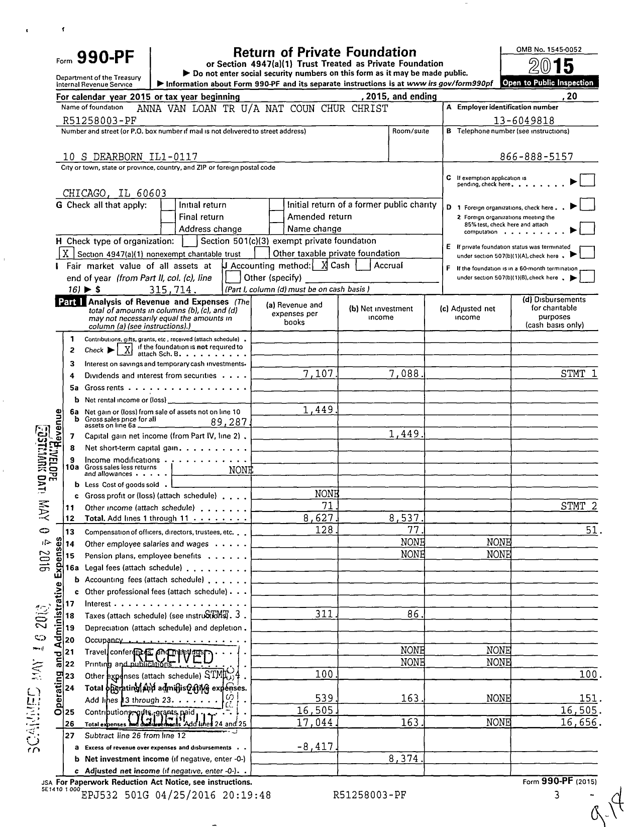 Image of first page of 2015 Form 990PF for Anna Van Loan TR Nat Coun Chur Christ