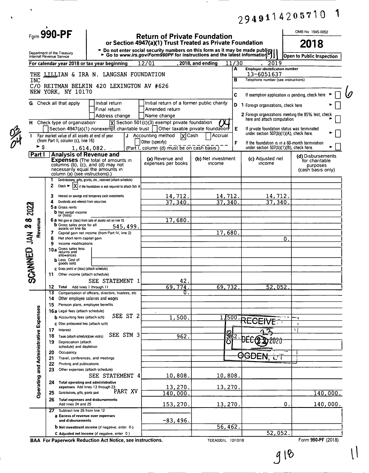 Image of first page of 2018 Form 990PF for The Lillian and Ira N Langsan Foundation