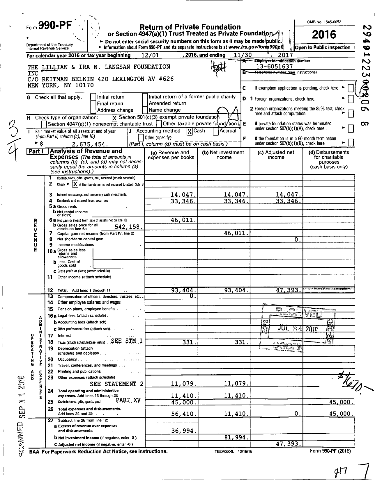 Image of first page of 2016 Form 990PF for The Lillian and Ira N Langsan Foundation