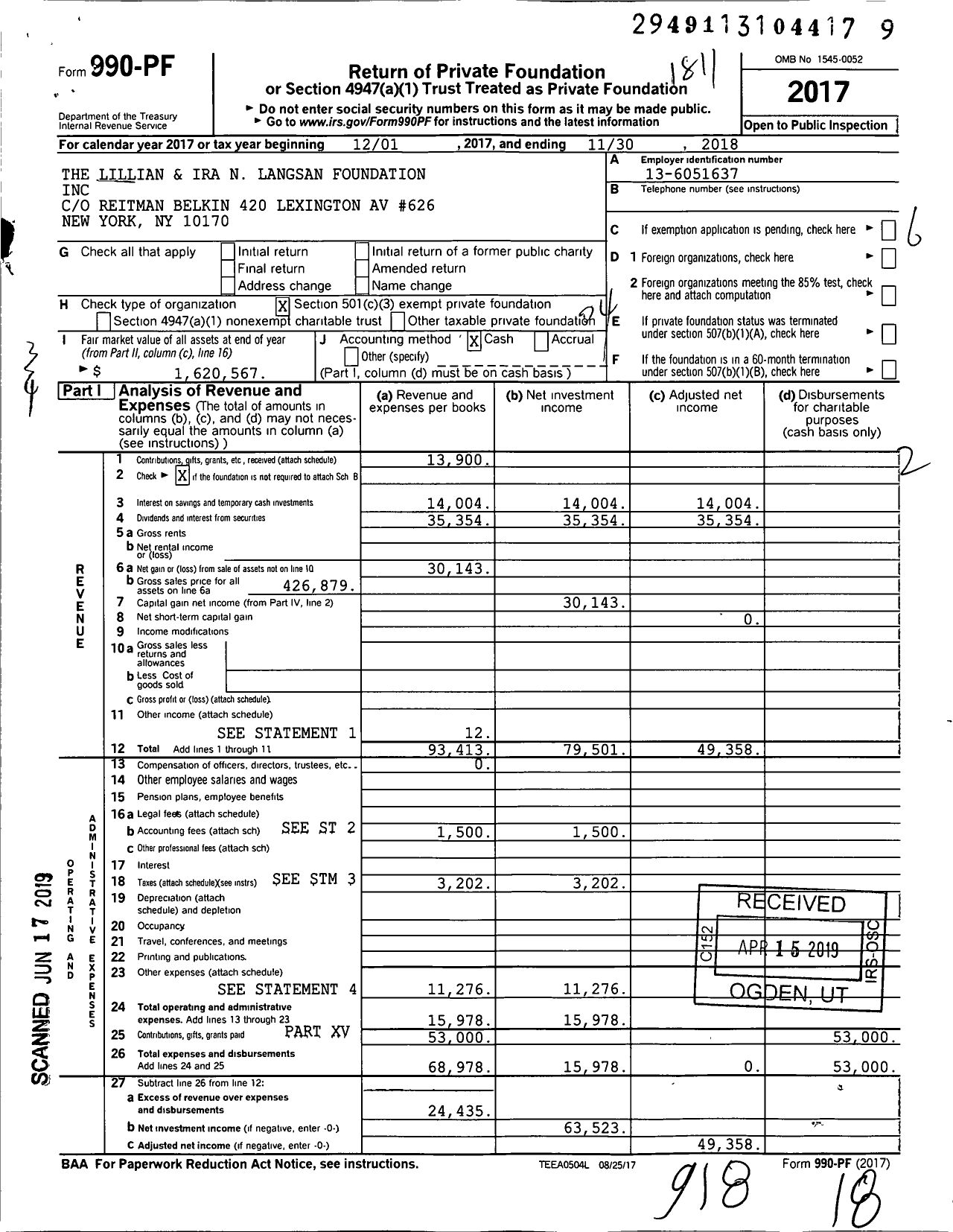 Image of first page of 2017 Form 990PF for The Lillian and Ira N Langsan Foundation