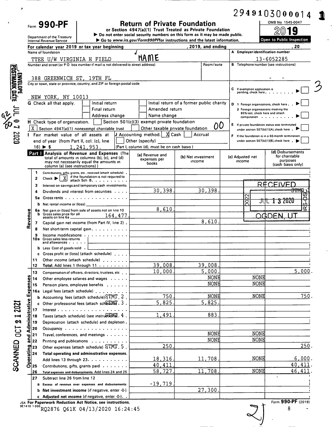 Image of first page of 2019 Form 990PF for Trustees Uw Virginia H Field