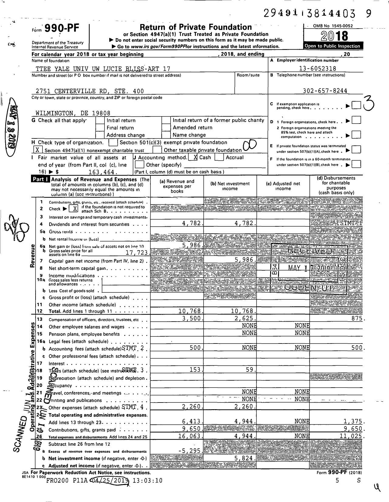 Image of first page of 2018 Form 990PF for Trustees Yale Univ Uw Lucie Bliss-Art 17