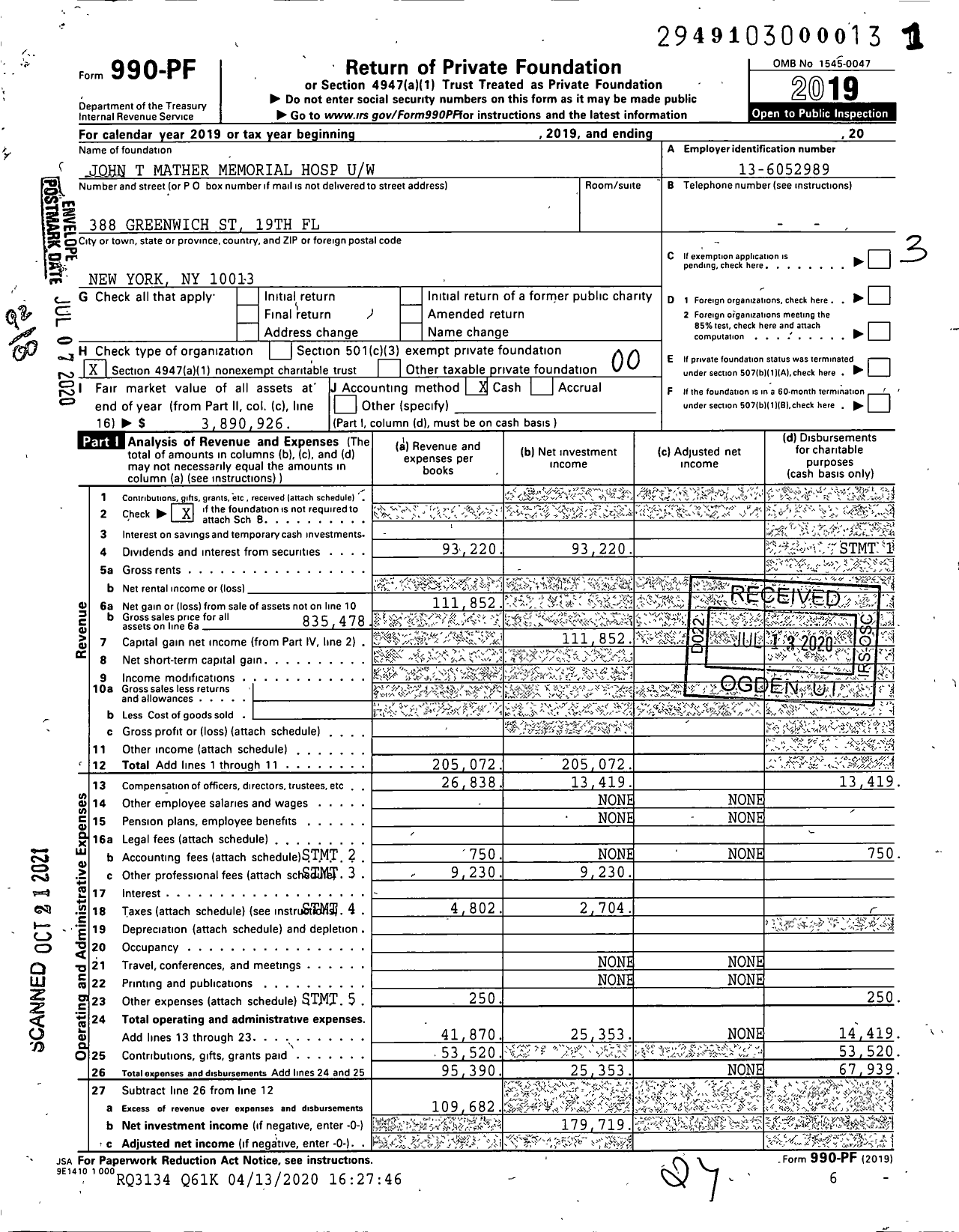 Image of first page of 2019 Form 990PF for John T Mather Memorial Hospital Uw