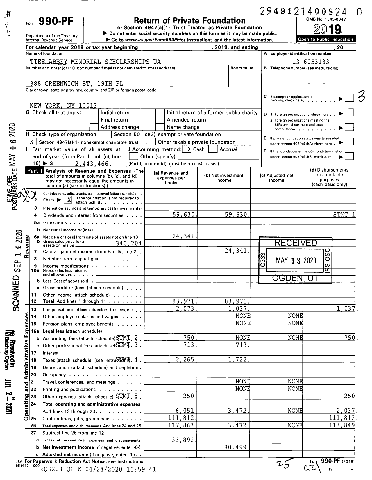 Image of first page of 2019 Form 990PR for Trustees Abbey Memorial Scholarships