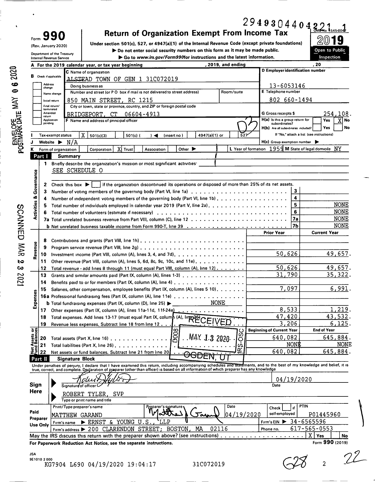 Image of first page of 2019 Form 990 for Alstead Town of Gen 1