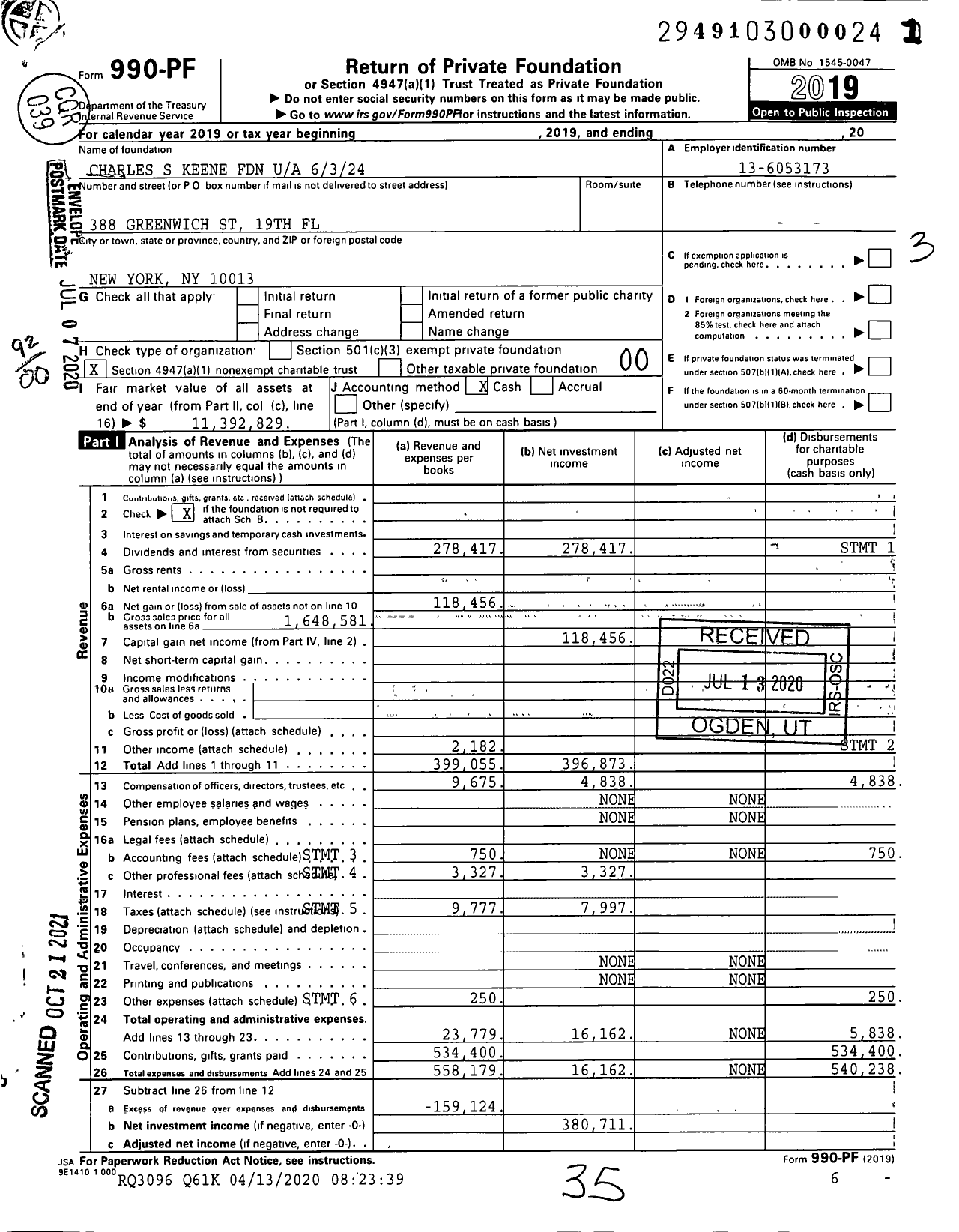 Image of first page of 2019 Form 990PF for Charles S Keene Foundation 6324