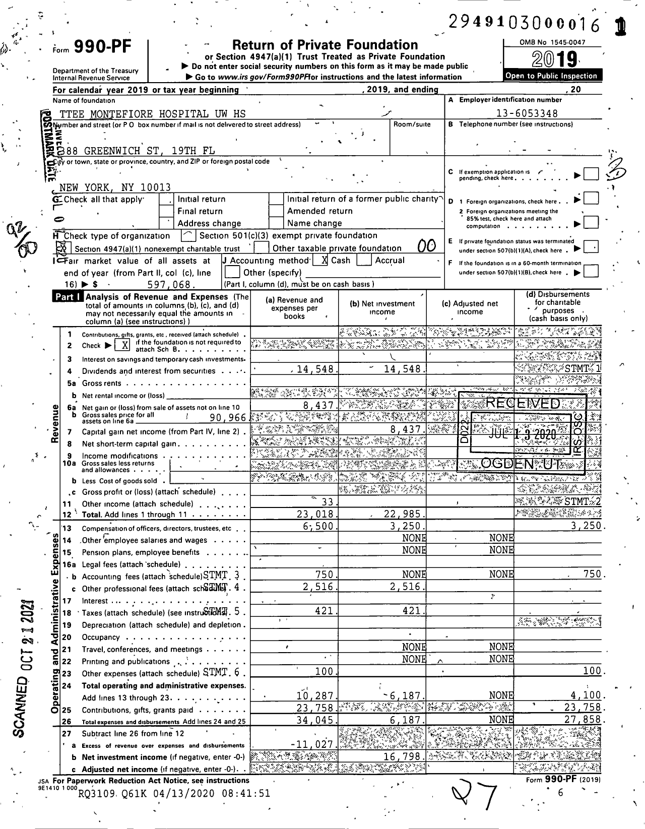 Image of first page of 2019 Form 990PF for Trustees Montefiore Hospital Uw HS