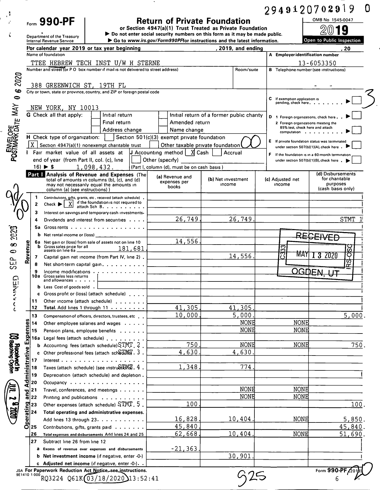 Image of first page of 2019 Form 990PR for Trustees Hebrew Tech Inst Uw H Sterne