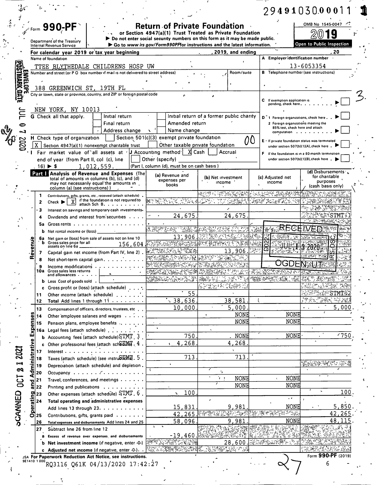 Image of first page of 2019 Form 990PF for Trustees Blythedale Childrens Hospital Uw