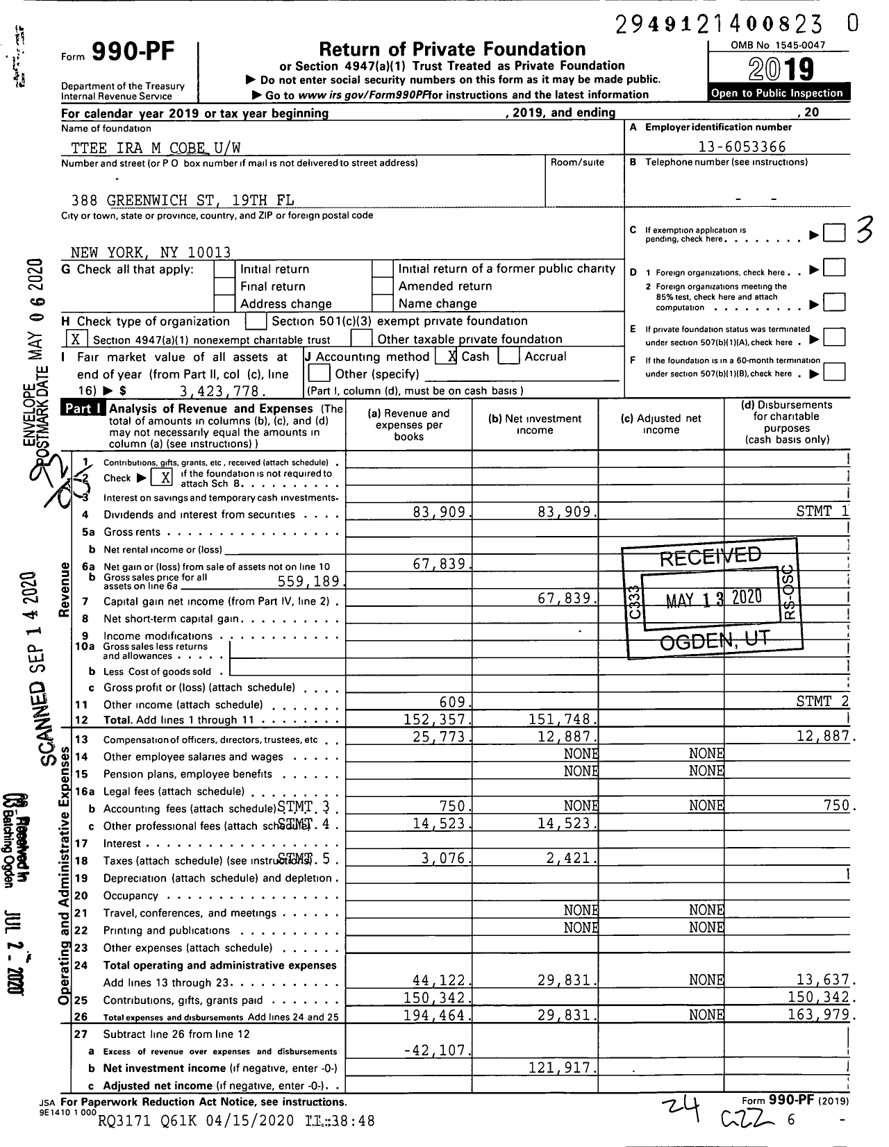 Image of first page of 2019 Form 990PR for Trustees Ira M Cobe Uw