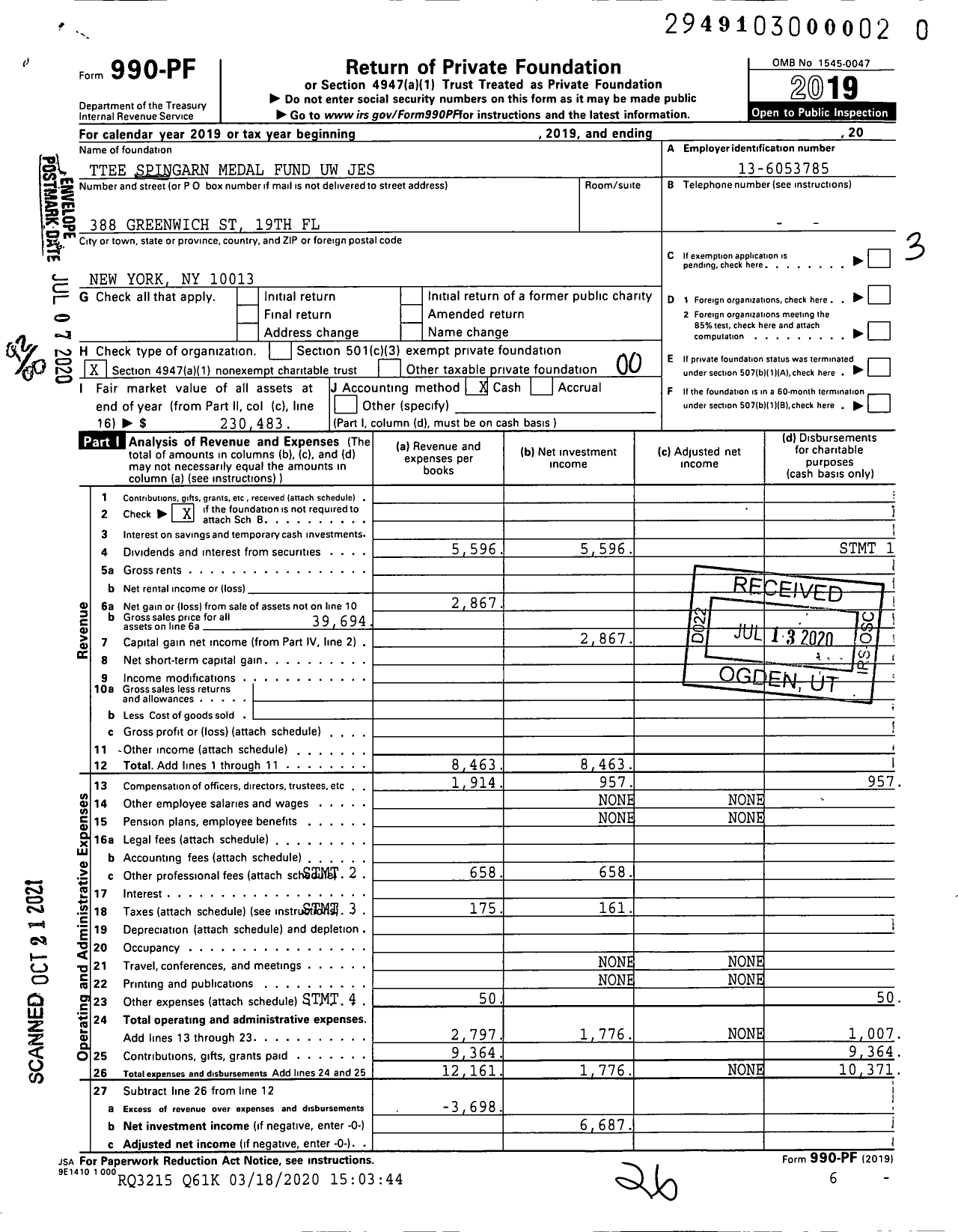 Image of first page of 2019 Form 990PF for Trustees Spingarn Medal Fund Uw Jes