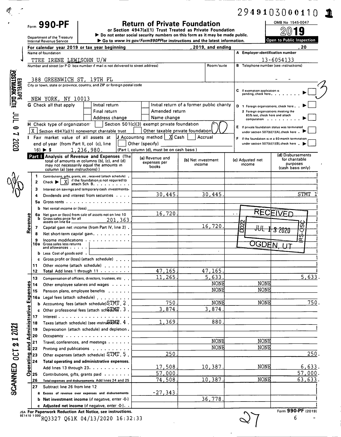 Image of first page of 2019 Form 990PF for Trustees Irene Lewisohn Uw