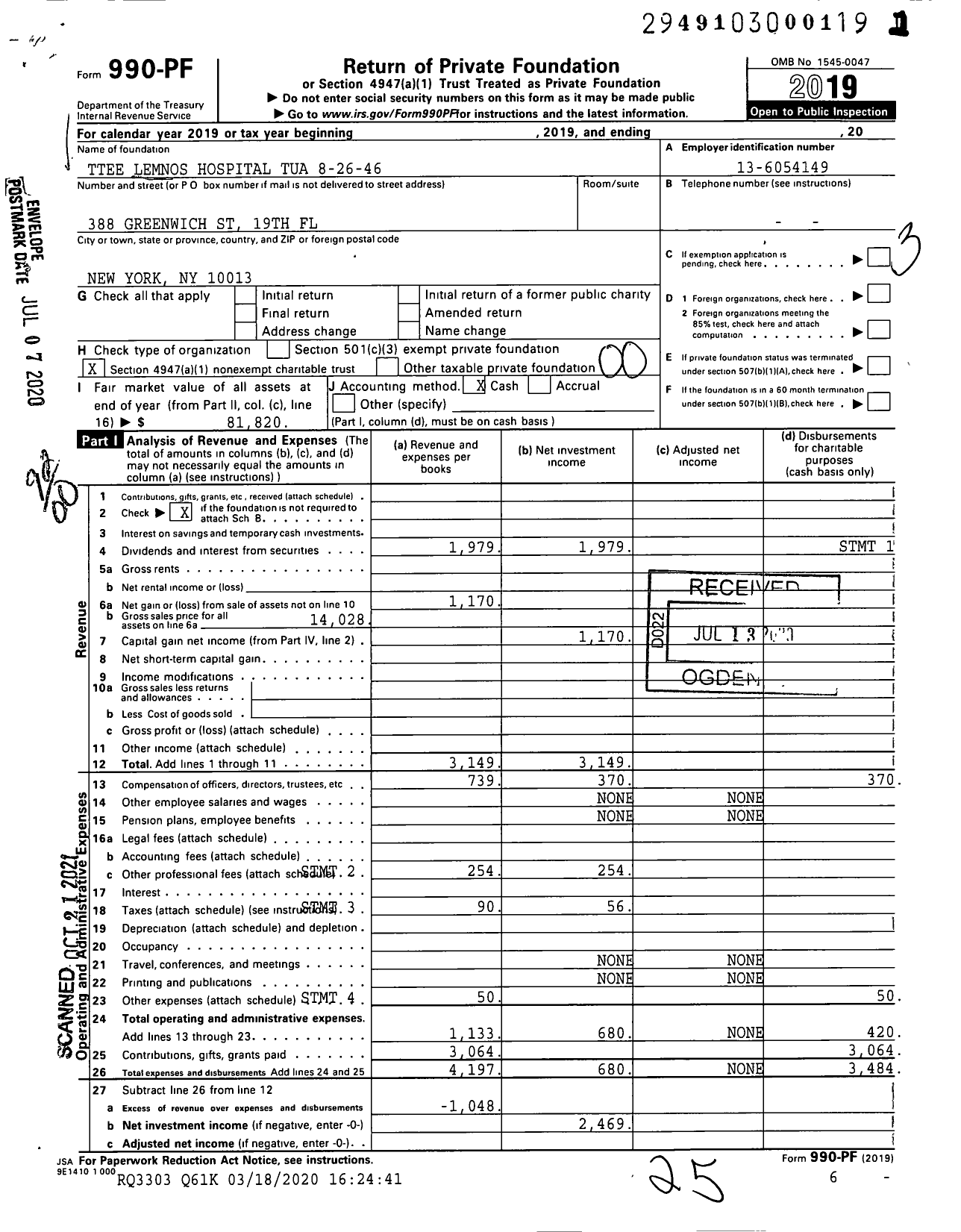 Image of first page of 2019 Form 990PF for Trustees Lemnos Hospital Tua 8-26-46